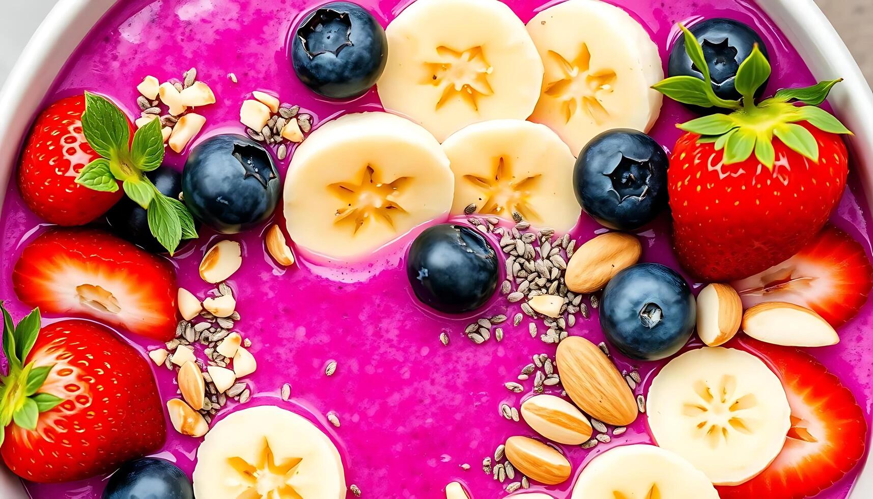 A bowl of smoothie with bananas, strawberries, blueberries and almonds photo
