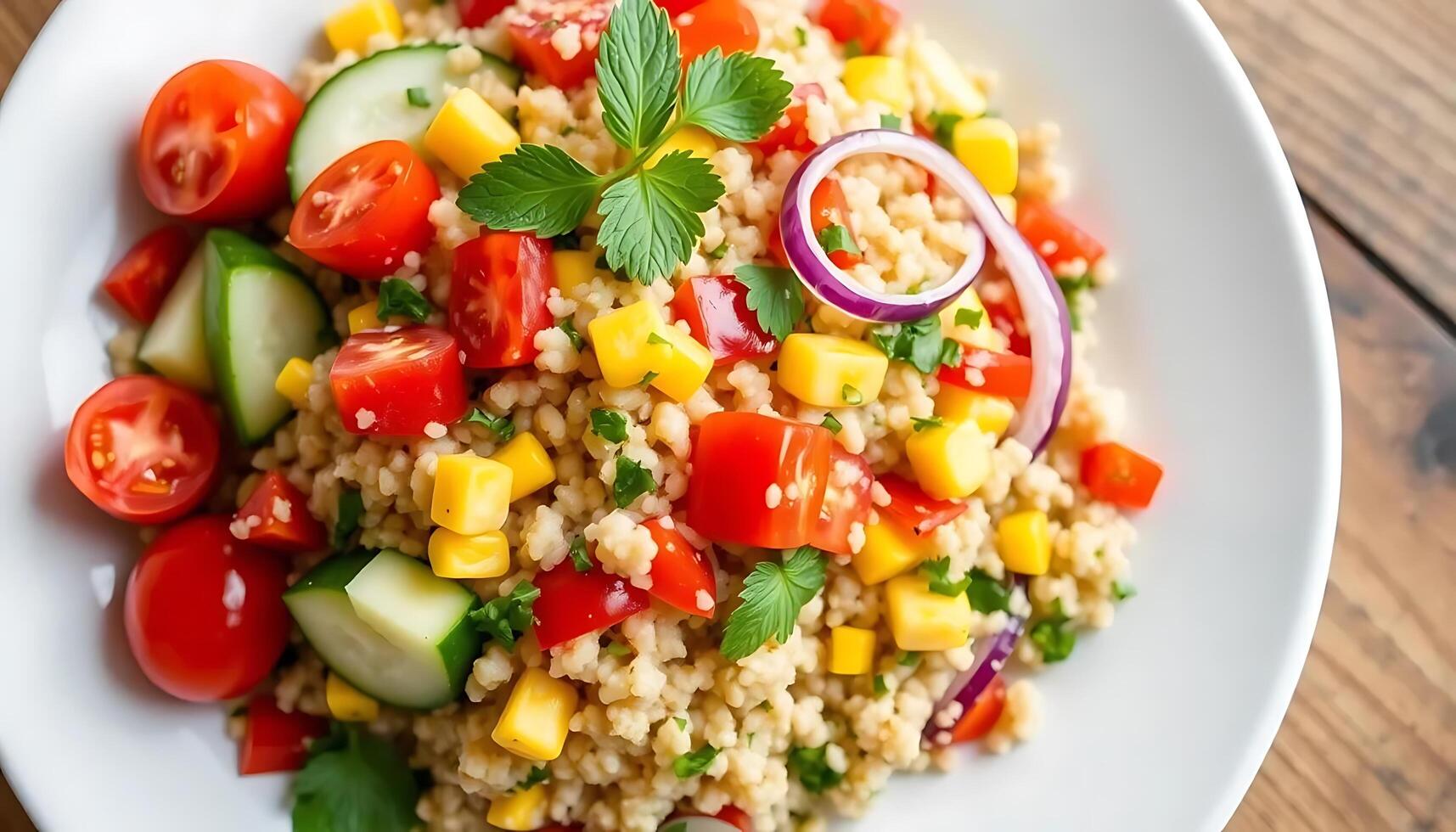 A plate of couscous salad with vegetables and tomatoes photo