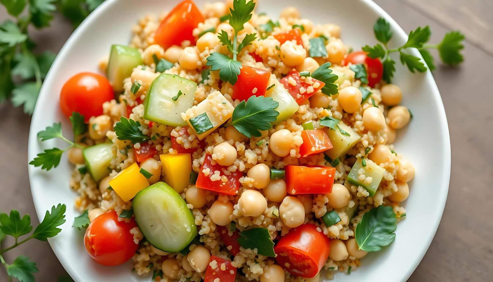 Cauliflower couscous salad with tomatoes and cucumbers photo