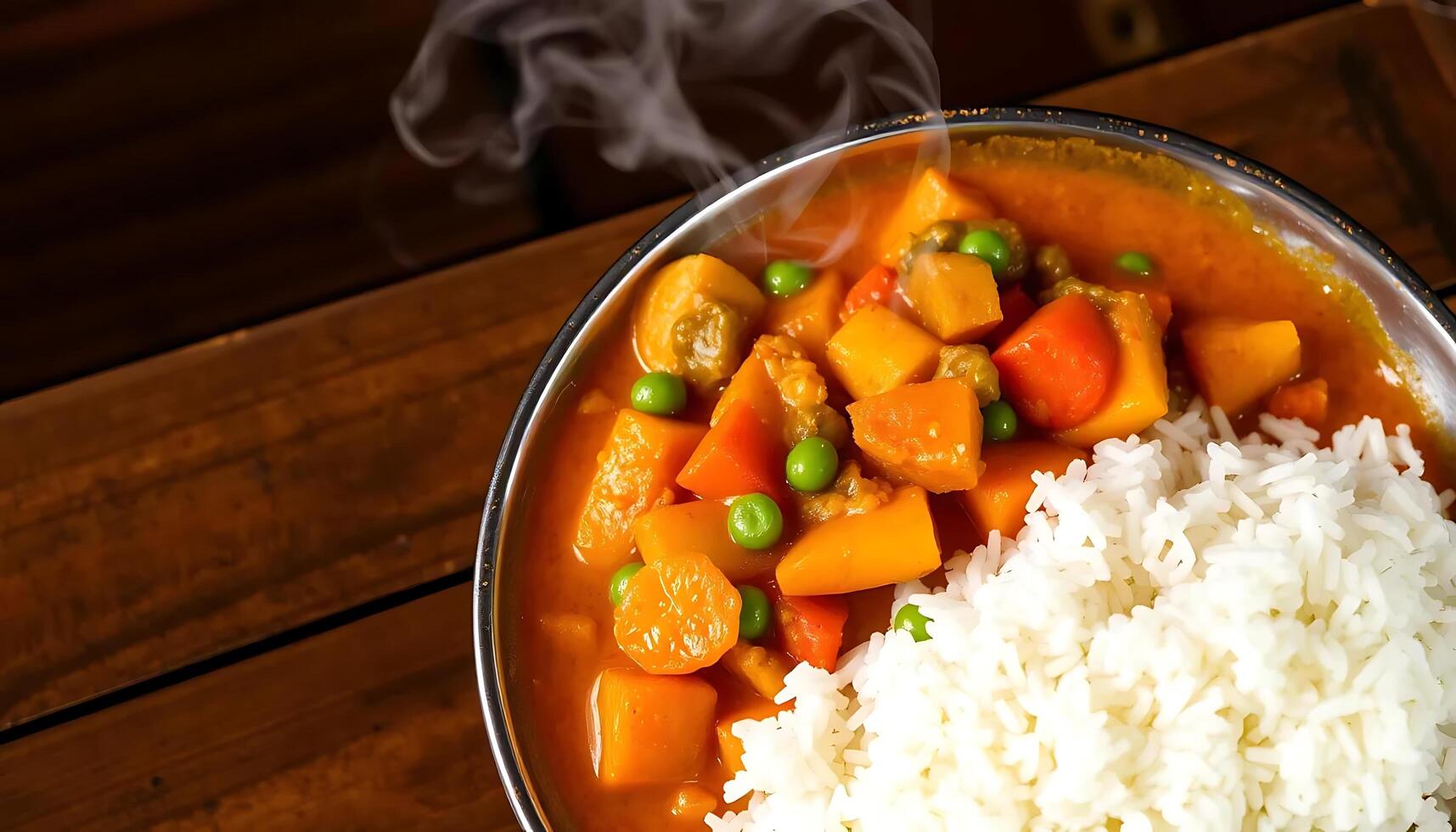 A bowl of rice and vegetables with a steaming pot photo