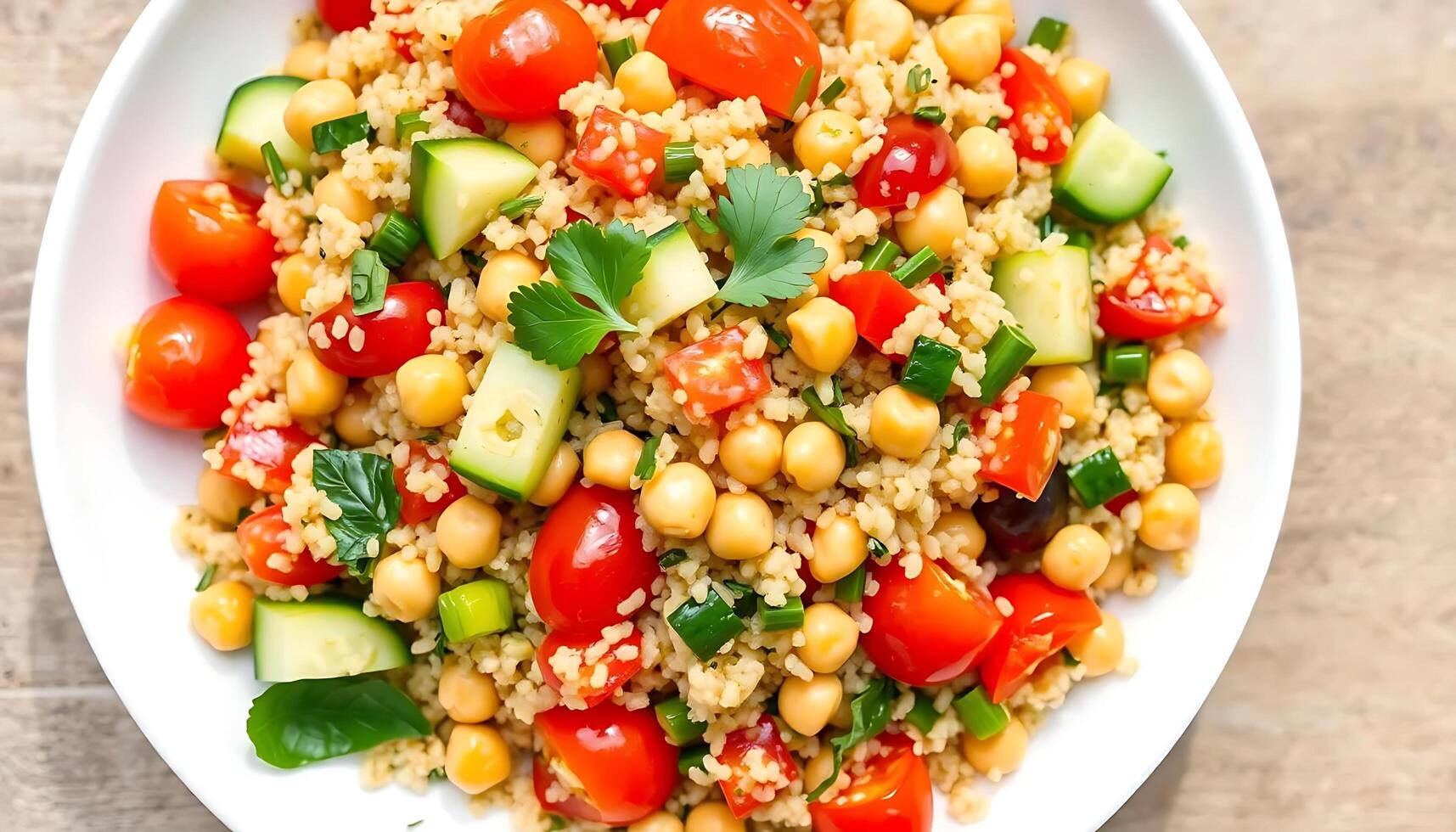 A white plate with couscous, tomatoes and cucumbers photo