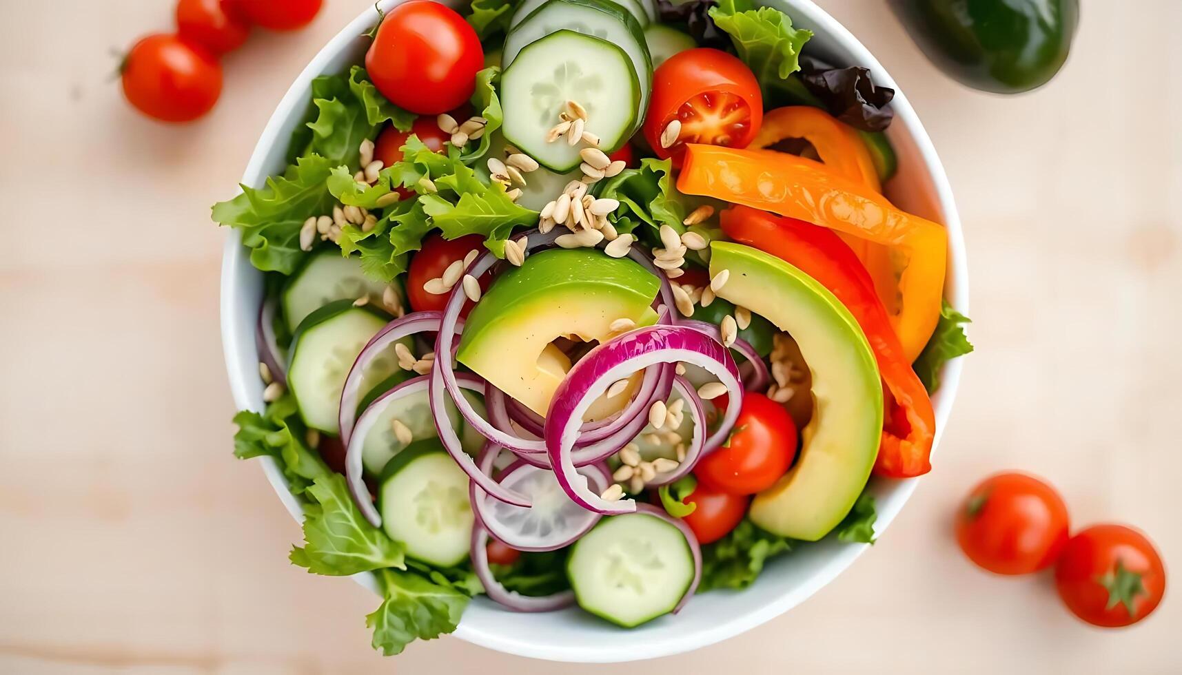 A salad with vegetables and tomatoes in a bowl photo