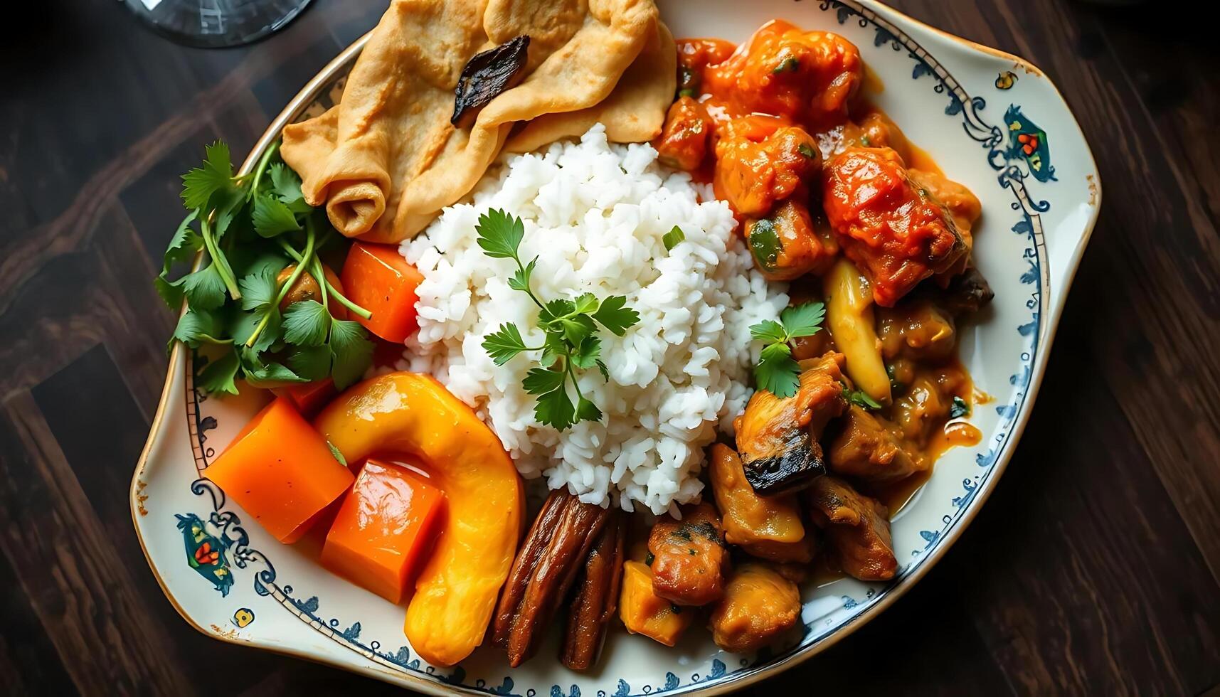 A plate with rice, vegetables and meat on it photo