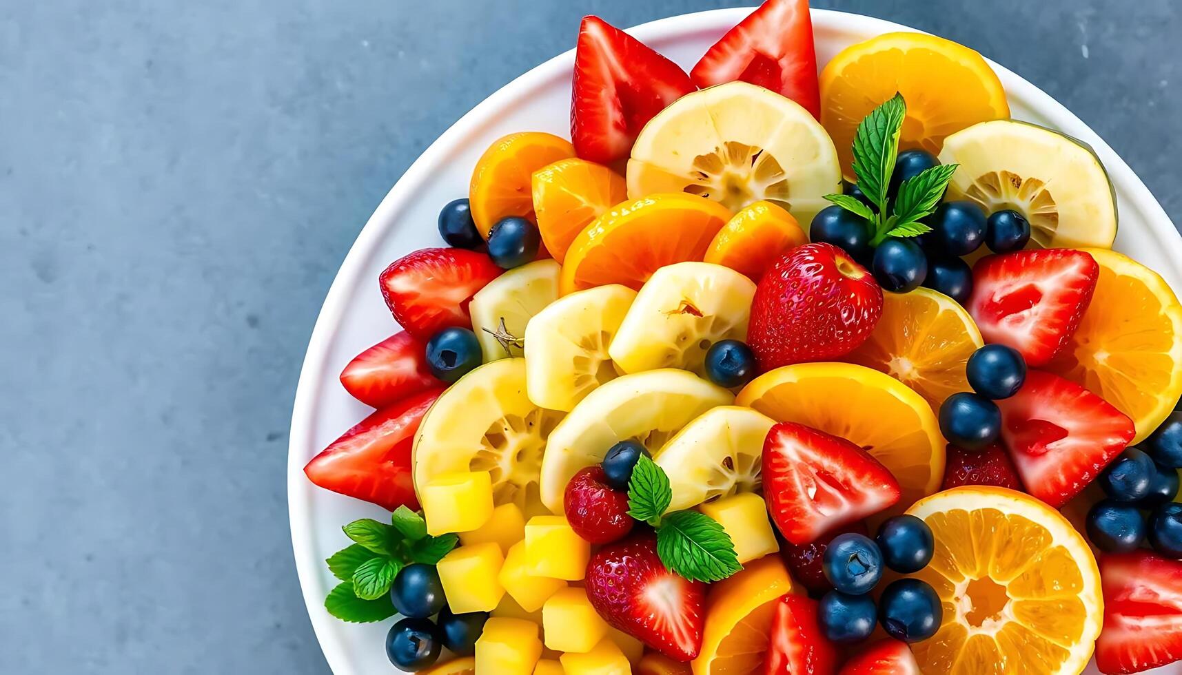 A bowl of fruit is shown with strawberries, blueberries, oranges, bananas, and strawberries photo