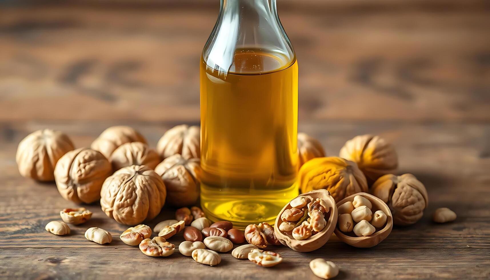 Walnut oil and walnuts on a wooden table photo