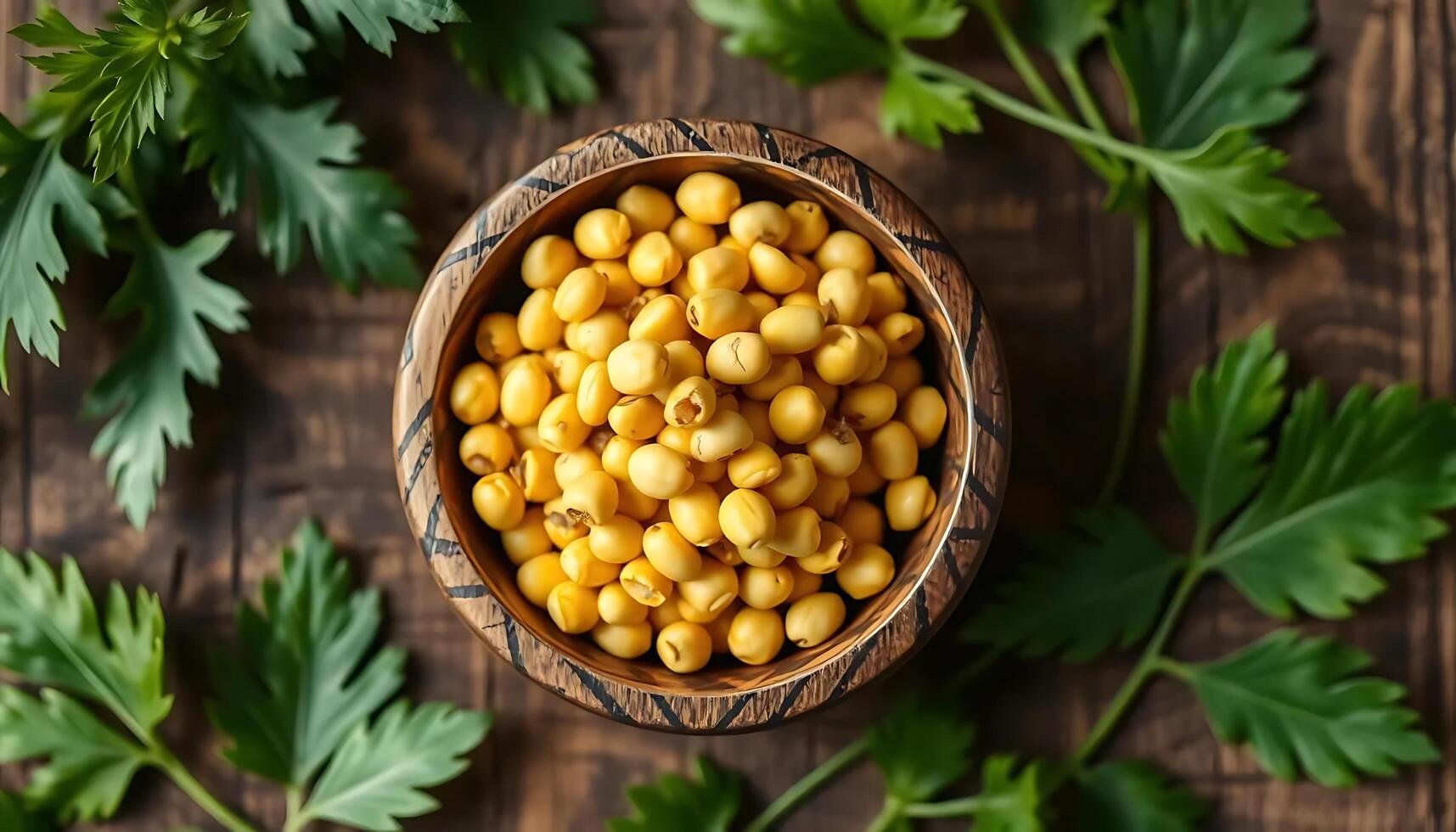 Chickpeas in a bowl with parsley on a wooden table photo