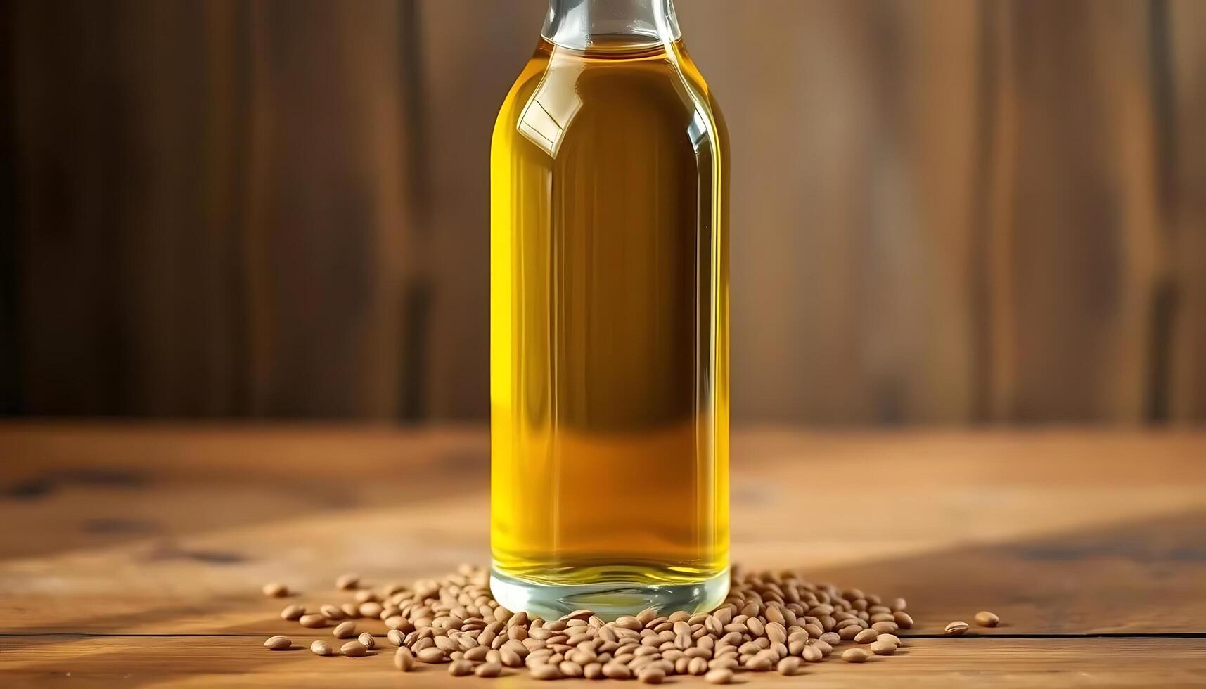A bottle of olive oil and a handful of seeds on a wooden table photo