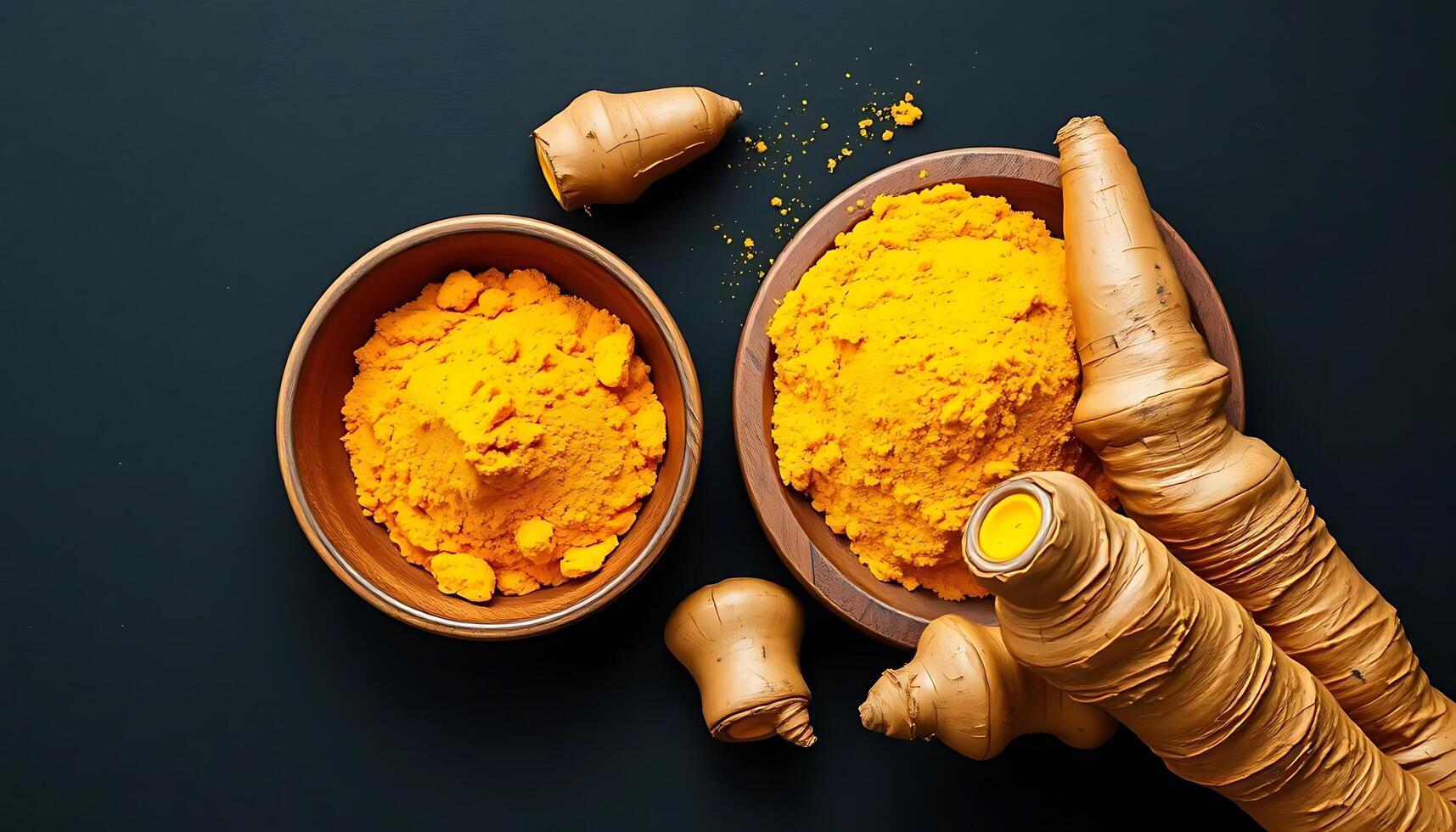 Tumeric powder and tumeric root photo