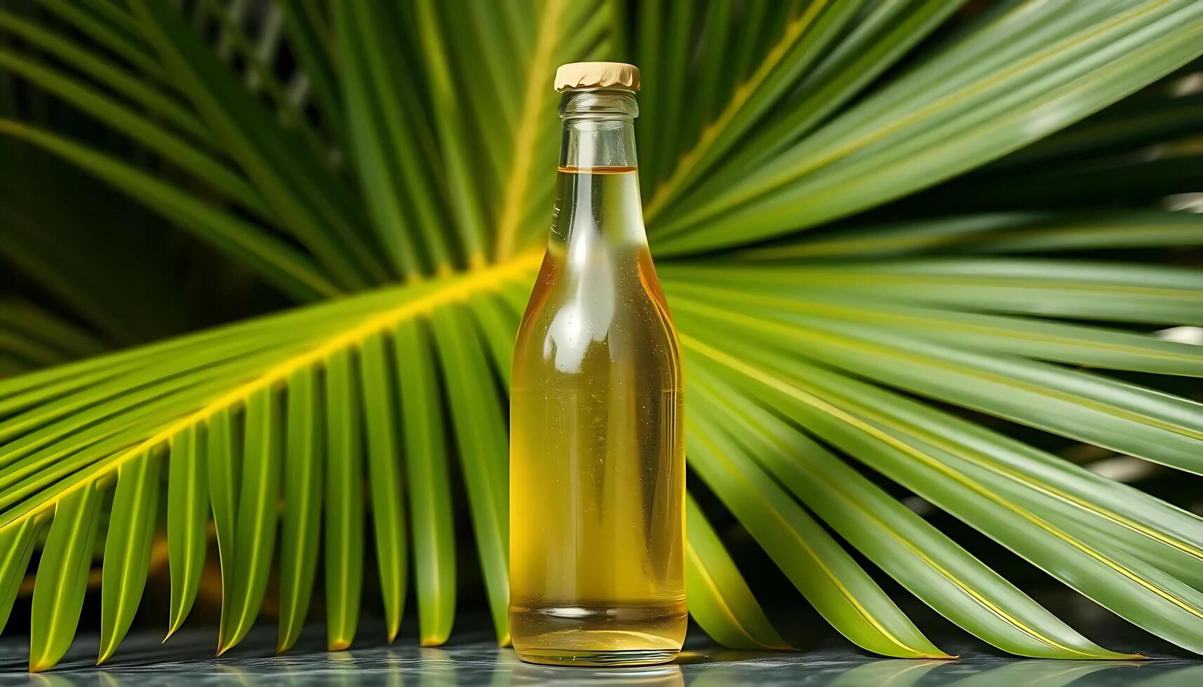 A bottle of oil is sitting on a table next to a palm leaf photo