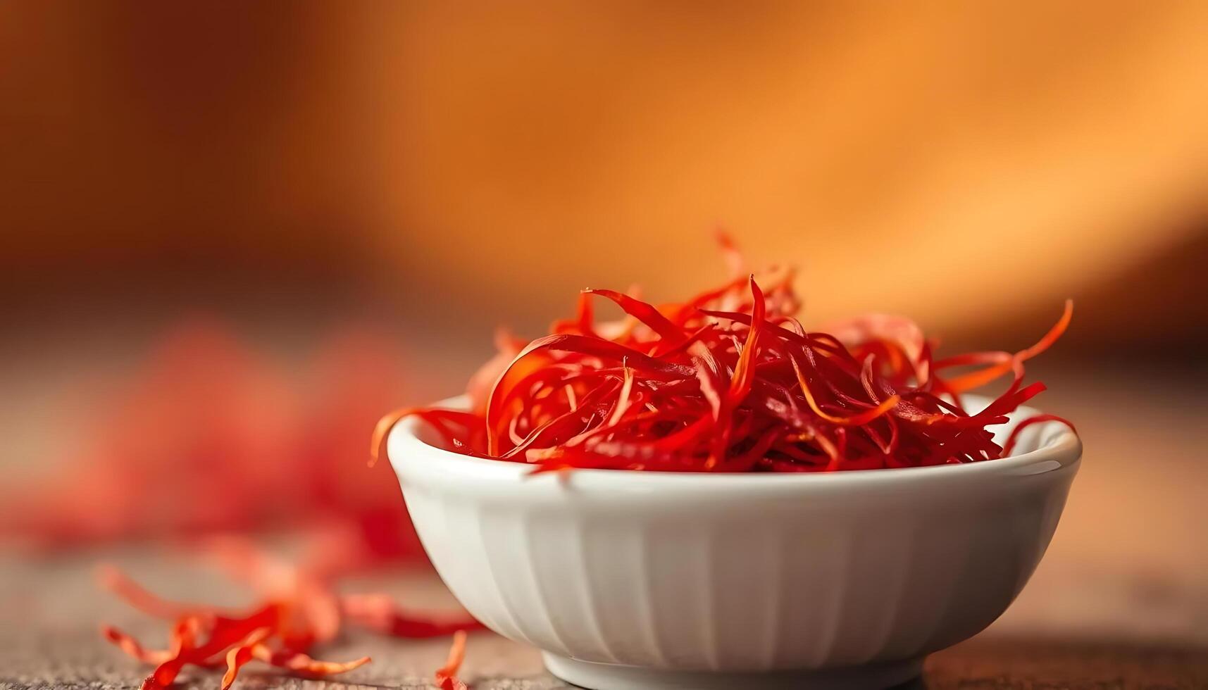 A bowl of saffron on a wooden table photo