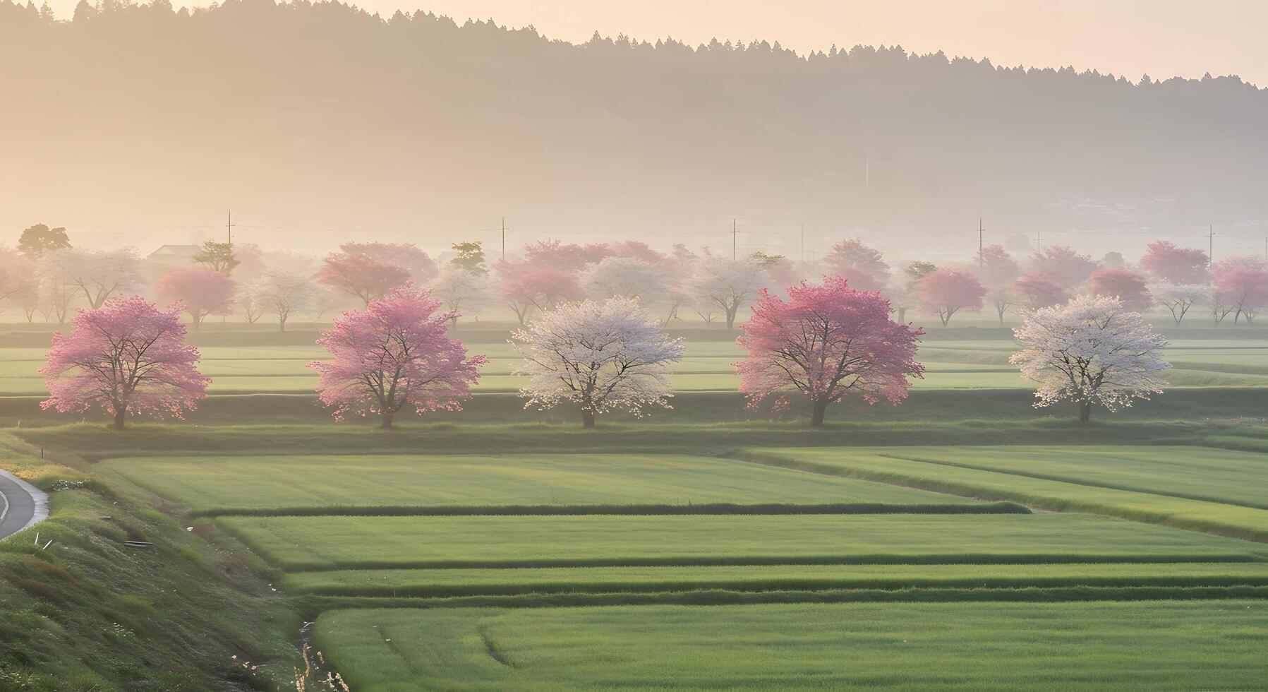 A road with trees in the foreground and a field of green grass photo