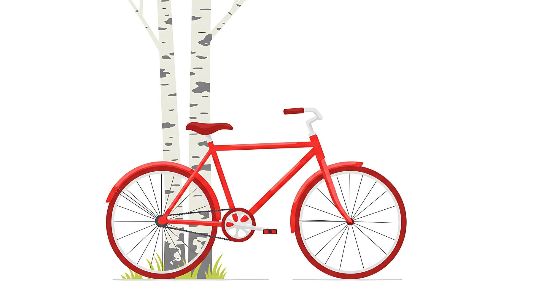 A red bicycle is parked next to a birch tree photo