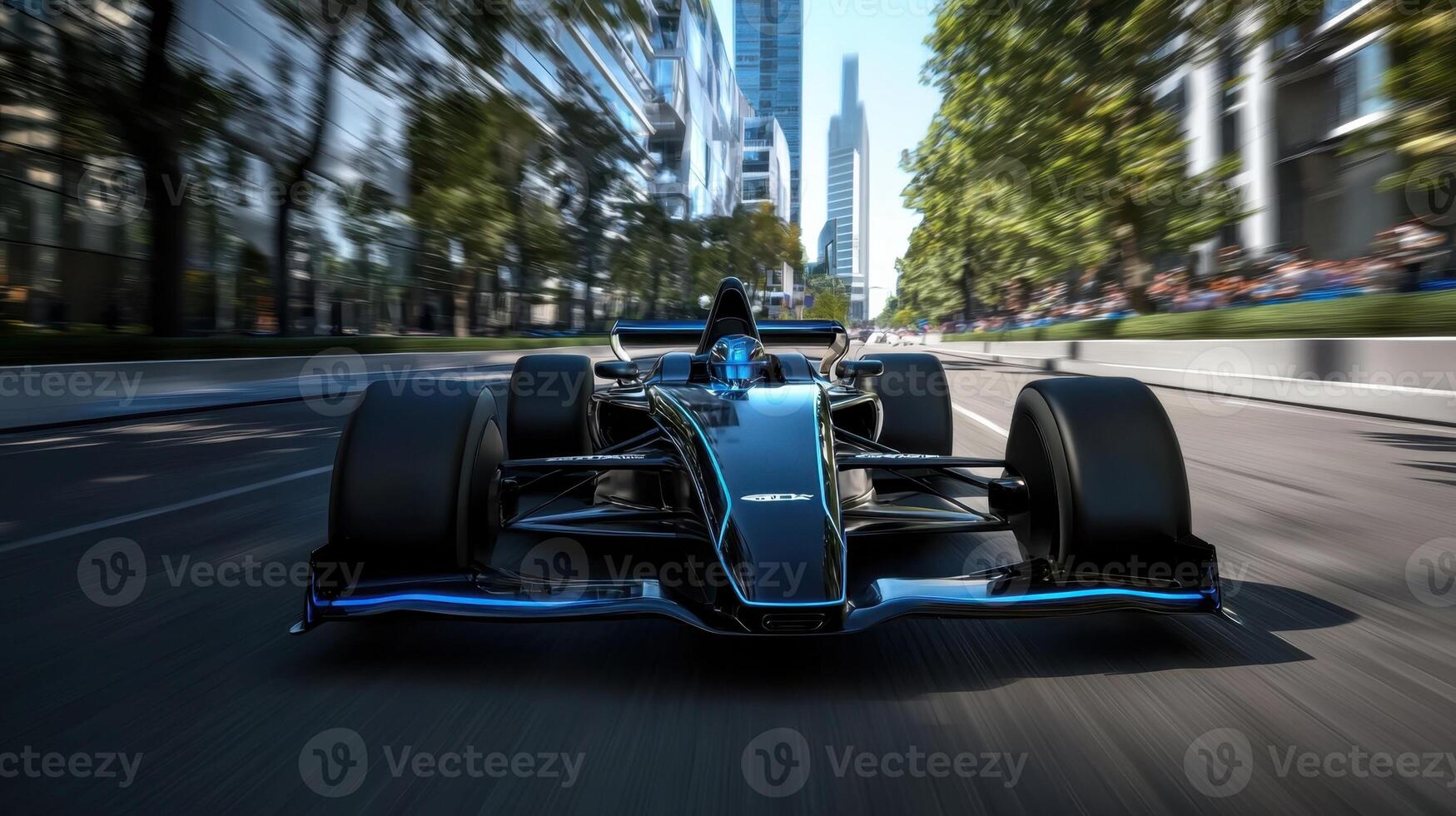 A black and blue racing car driving down a city street photo