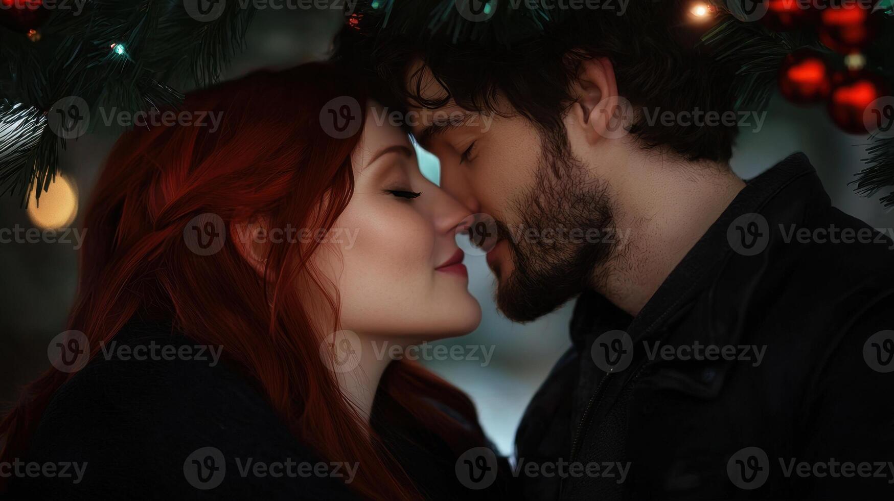 A man and woman kissing under a christmas tree photo