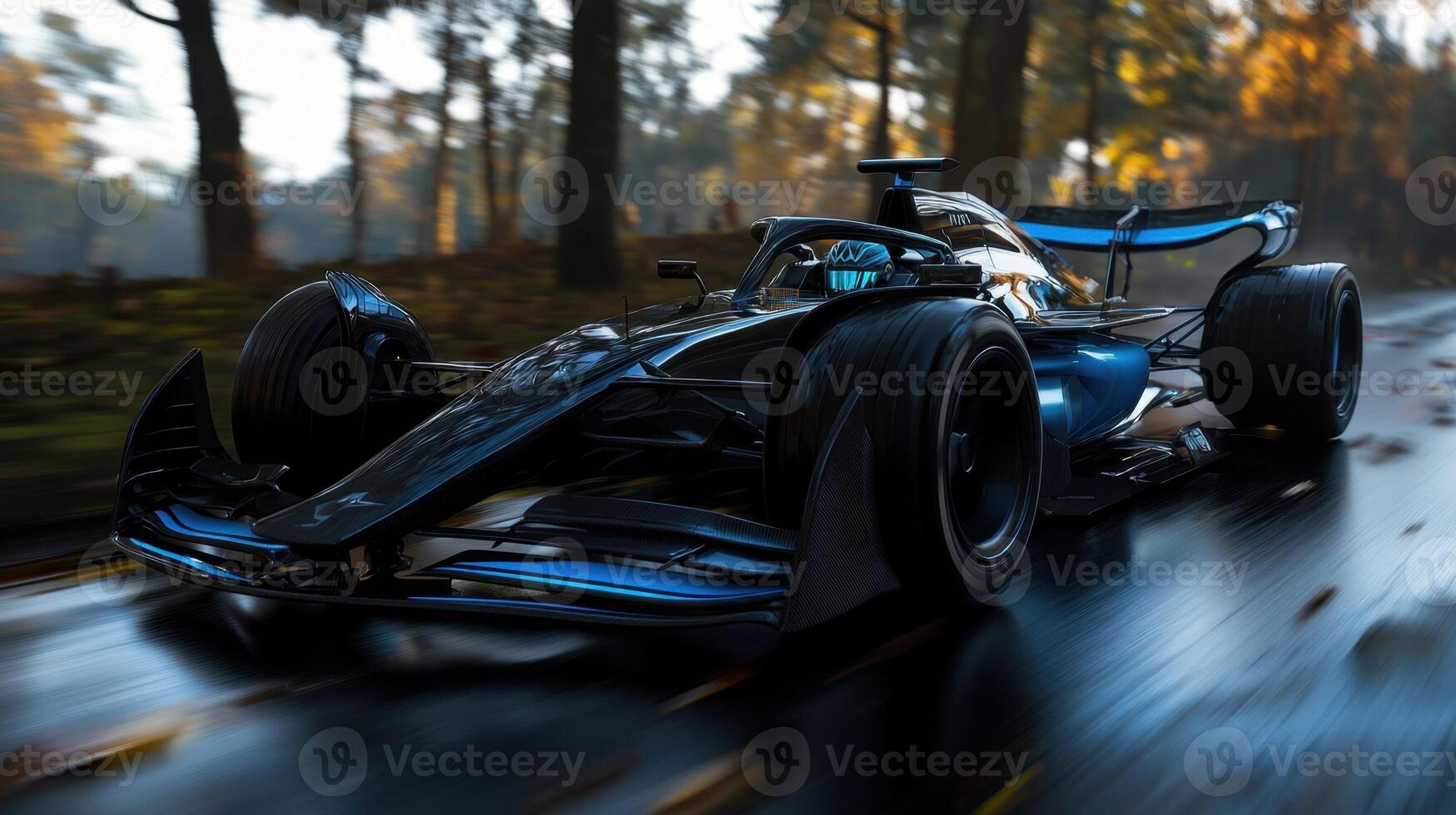 A blue race car driving down a wet road photo