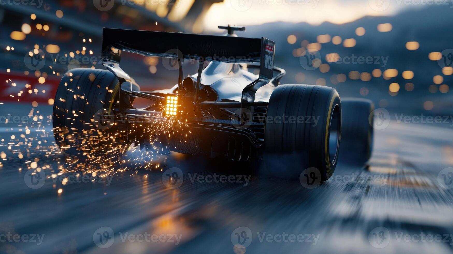 A racing car is speeding down the track photo
