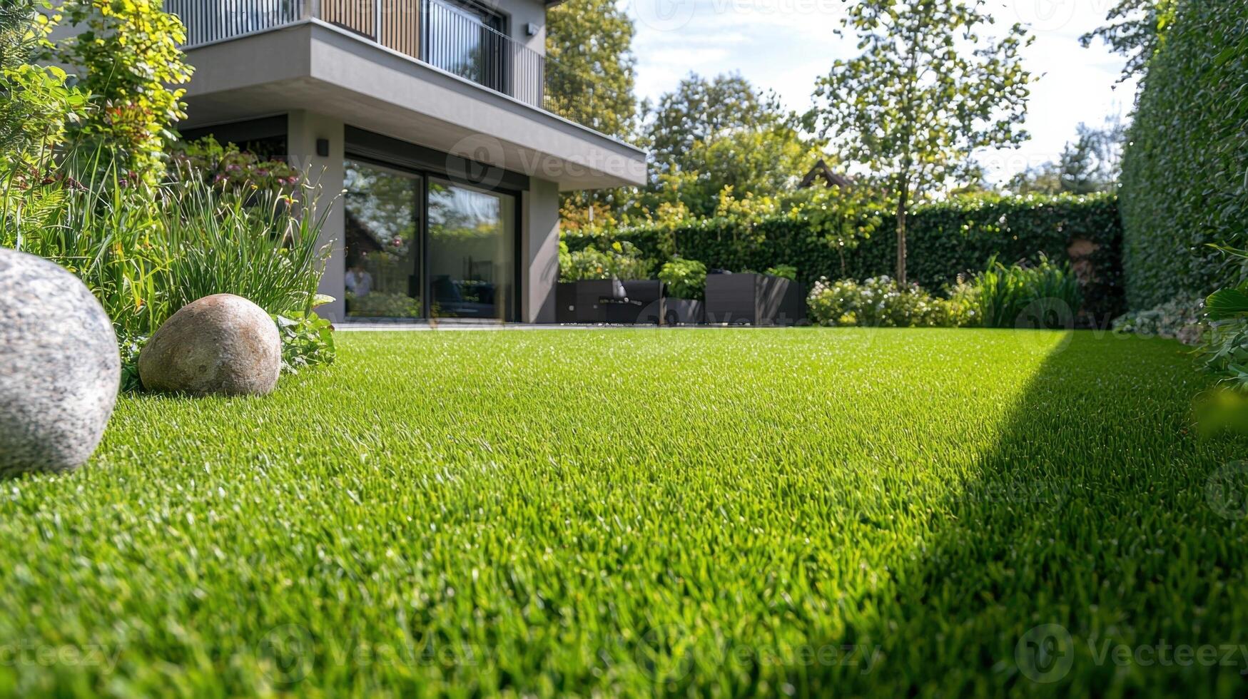 A lawn with rocks and grass in front of a house photo