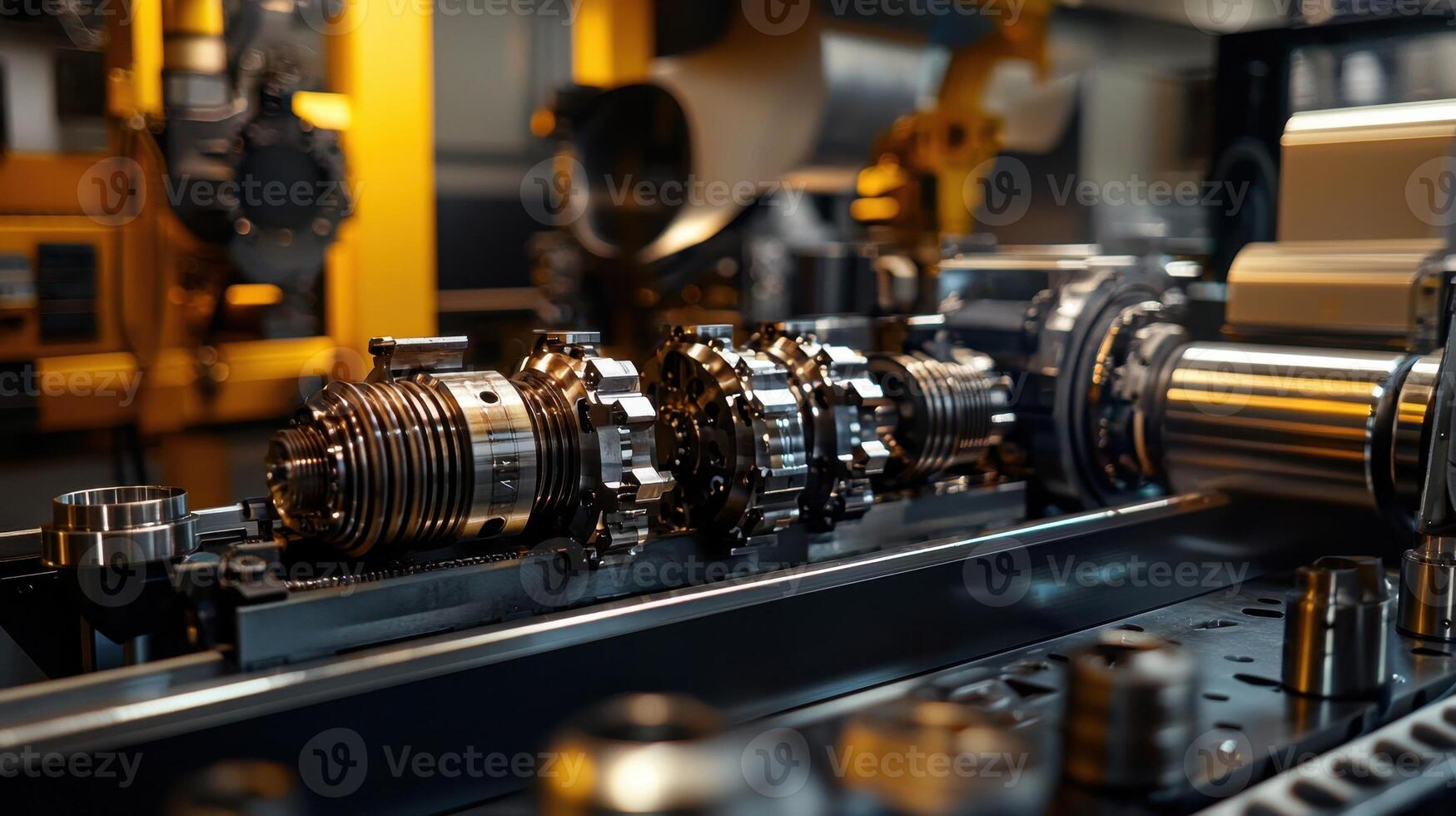 Advanced machinery fabricates intricate engine parts, showcasing automated processes in a well-lit production space during daylight hours photo