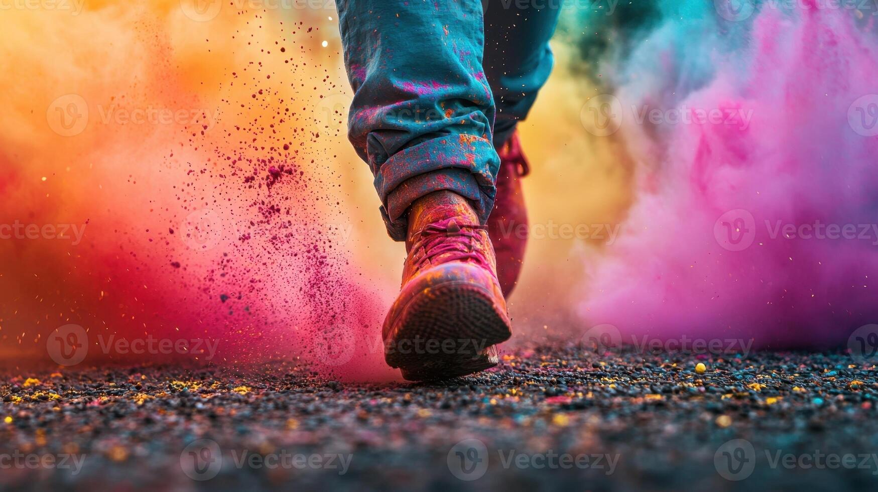 A person is walking on a path covered in vibrant colored powders, with clouds of bright pink and orange surrounding them, creating a lively festival atmosphere in the background photo