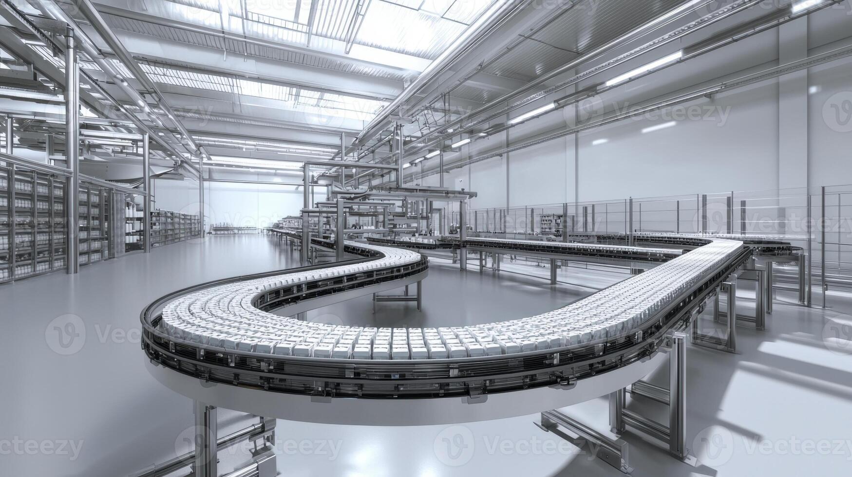 A conveyor belt winds through an expansive, well-lit industrial space. The clean design facilitates efficient movement of products, enhancing workflow and productivity photo