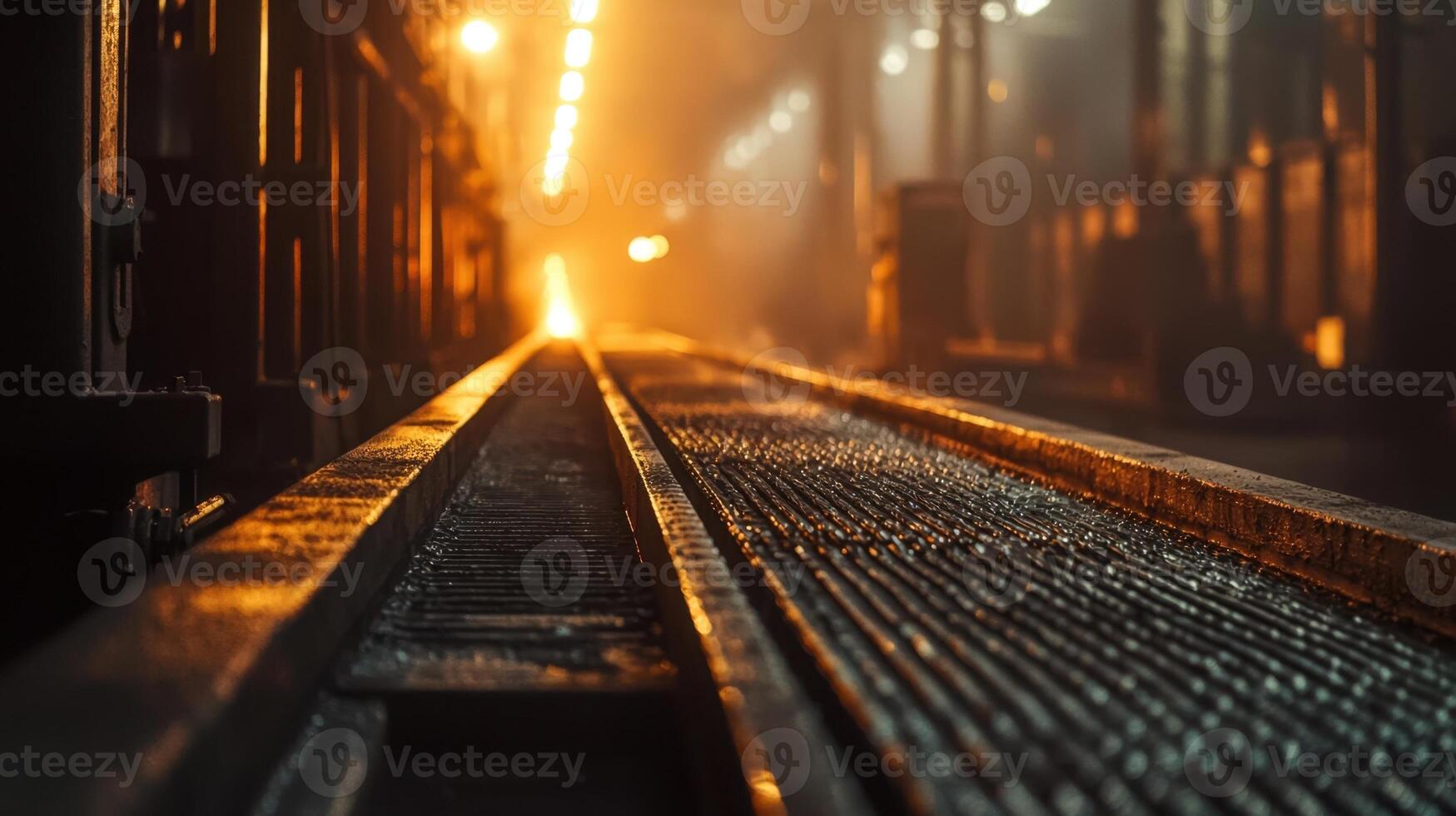 In a dimly lit industrial area, wet rail tracks glisten as warm lights create an atmospheric glow. The early morning ambiance adds depth to the scene, highlighting the textures and reflections photo