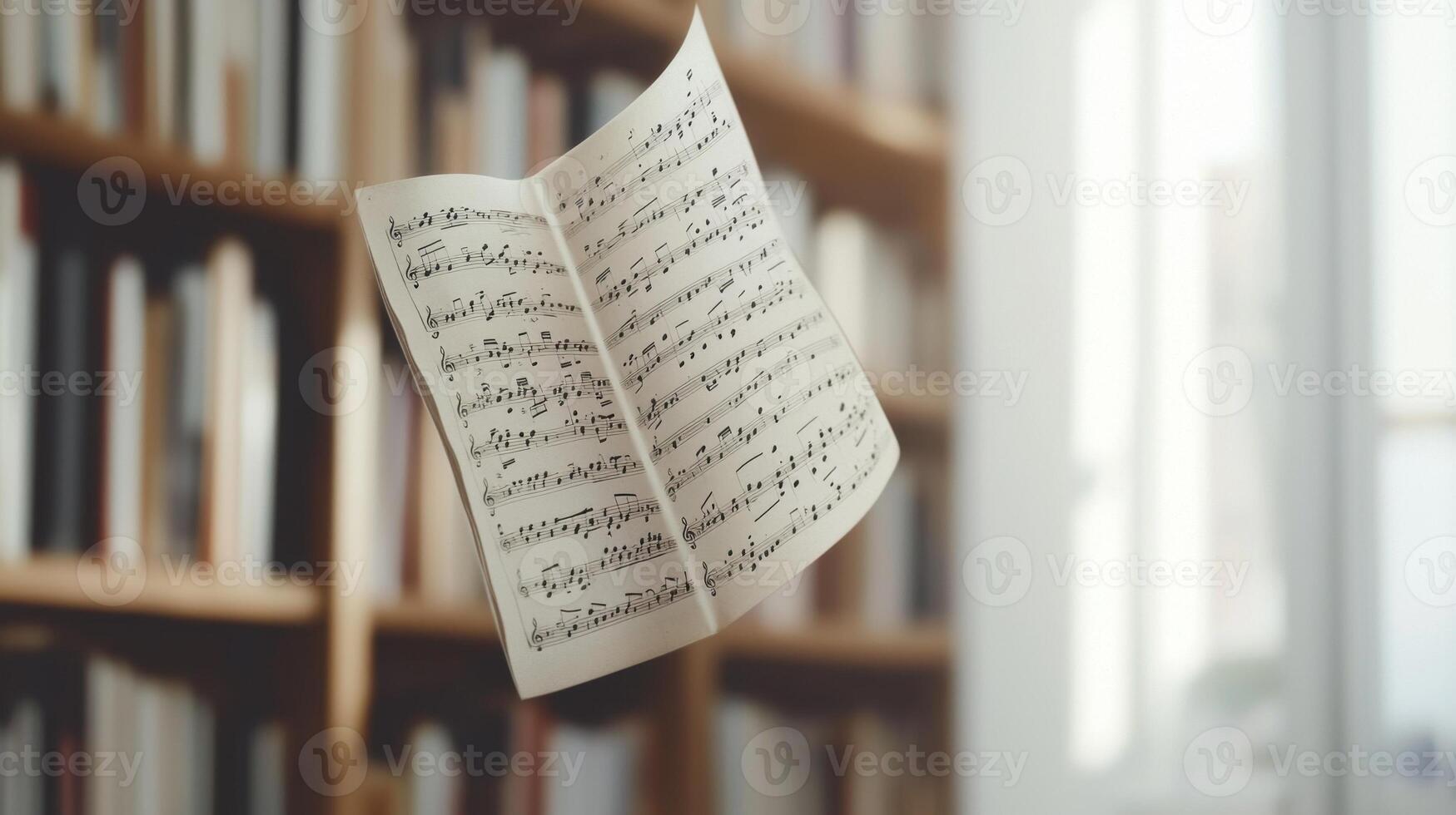 A sheet of music is hanging from a book shelf photo
