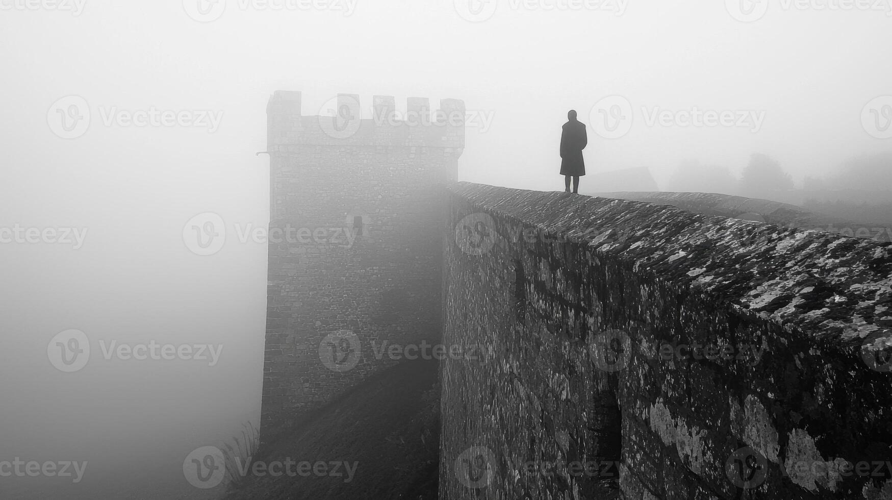 A man stands on the edge of a castle wall photo