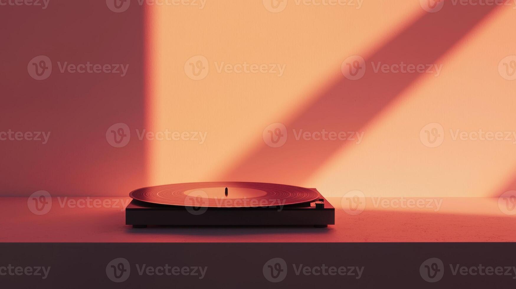 A turntable sitting on a table in front of a wall photo