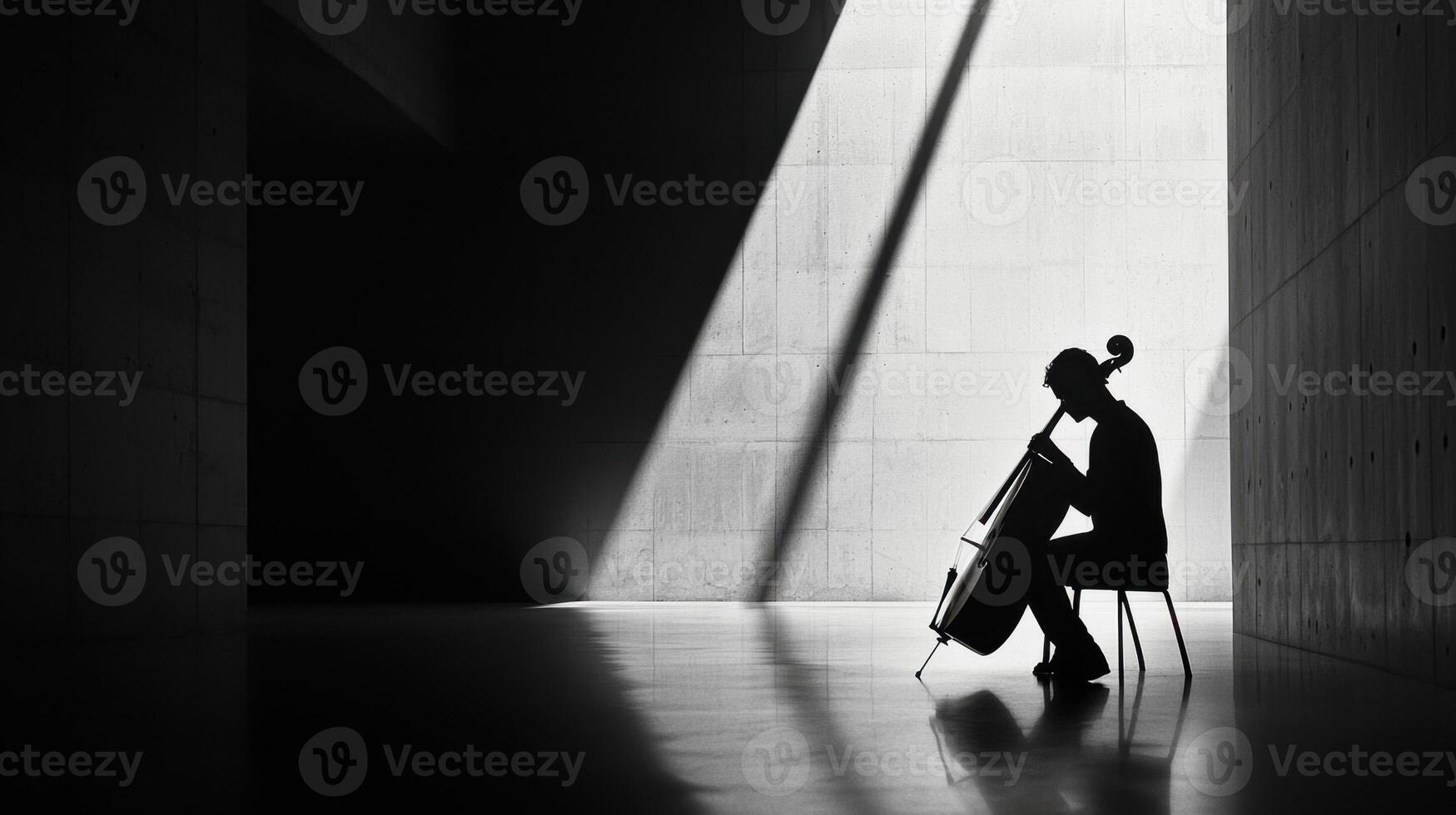 Silhouette of a man playing the cello in a dark room photo