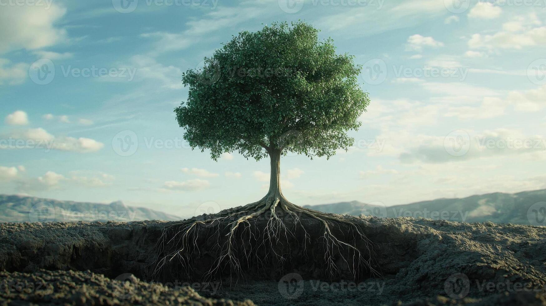 Tree with roots on top of a mountain photo