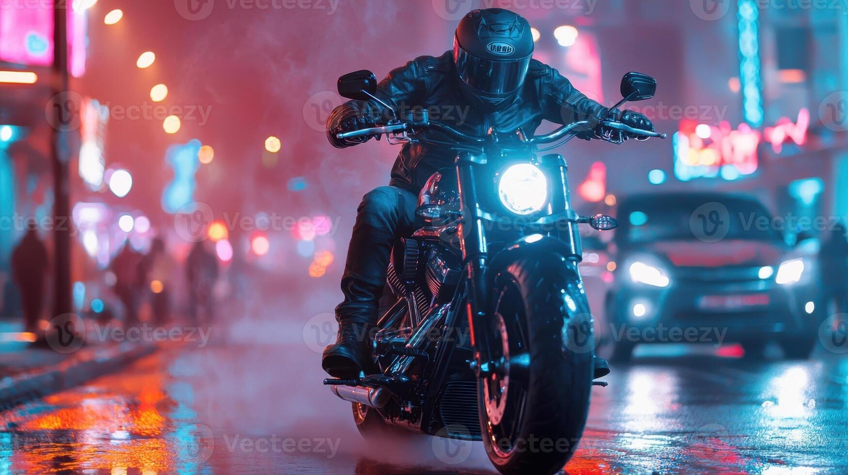 A man riding a motorcycle on a rainy night photo