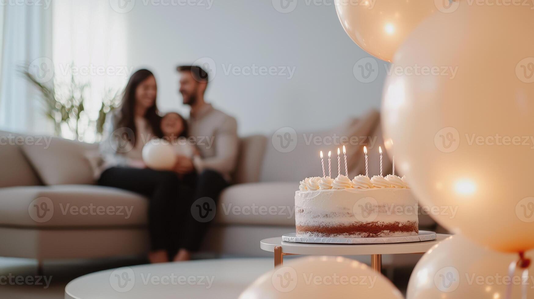 A family sitting on a couch with a cake and balloons photo