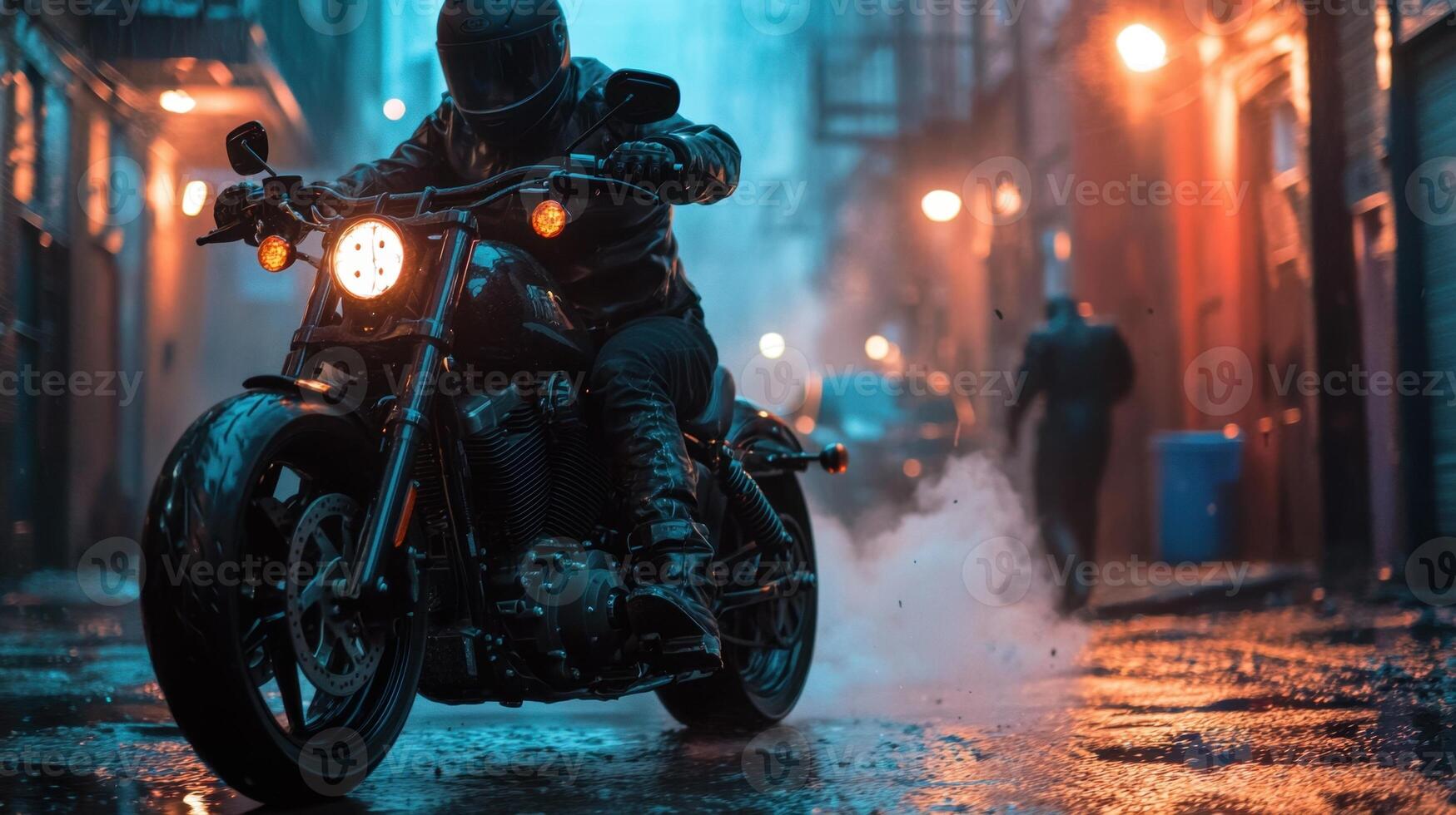 A man riding a motorcycle on a rainy street photo