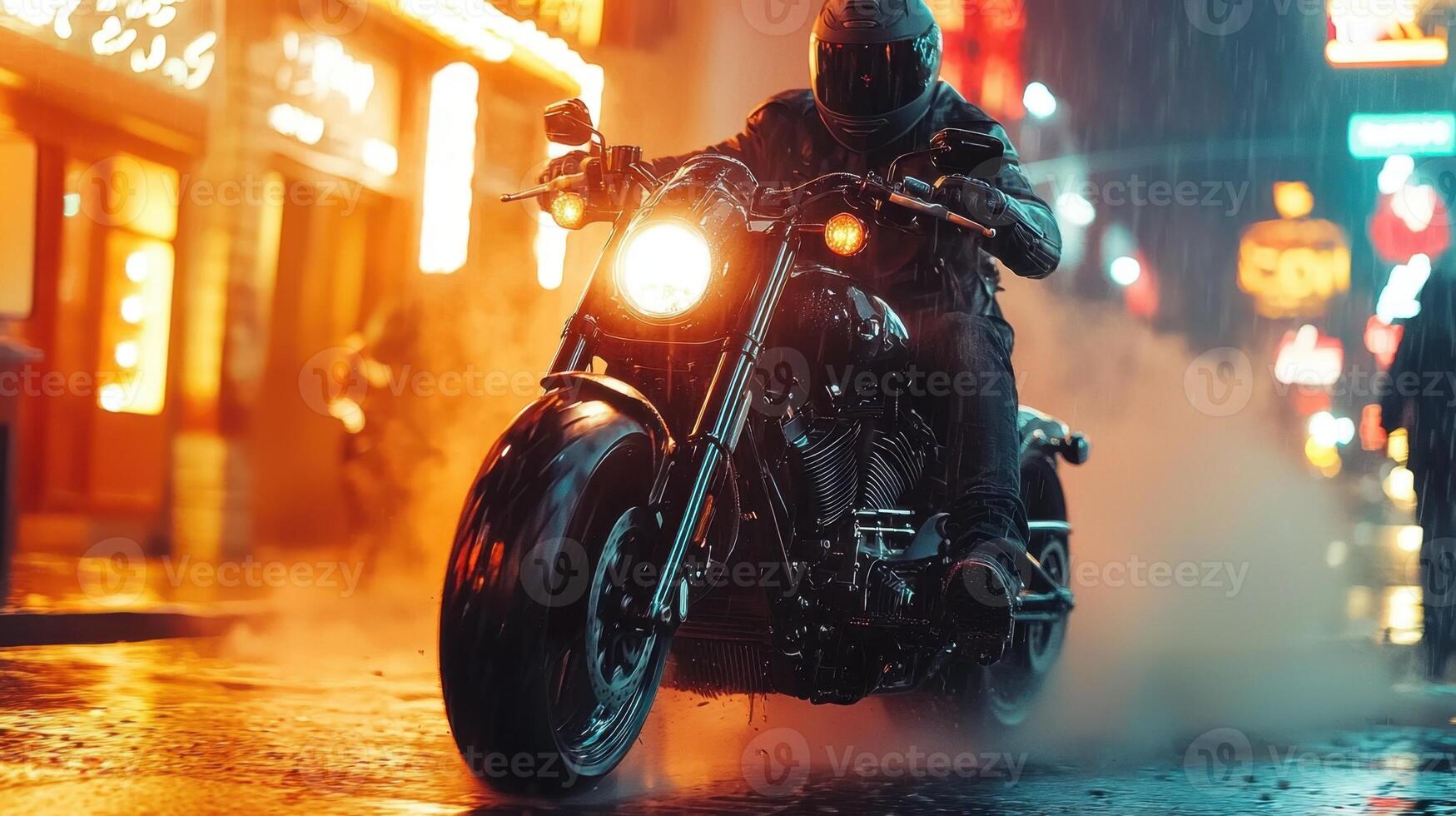 A man riding a motorcycle on a rainy night photo
