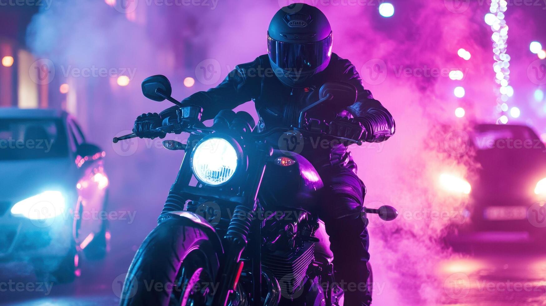 A person riding a motorcycle in the dark with smoke photo