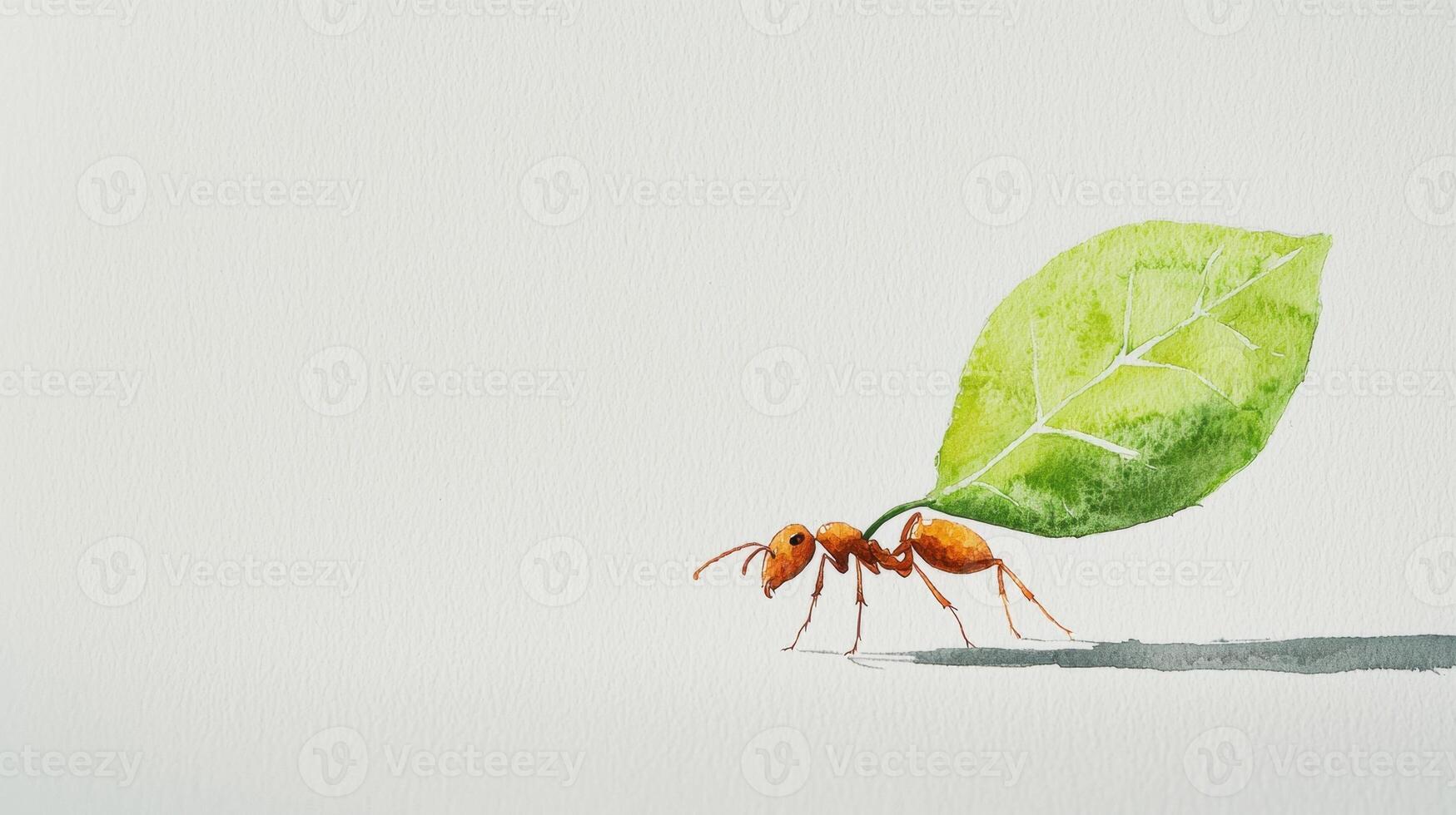Watercolor painting of an ant carrying a leaf photo