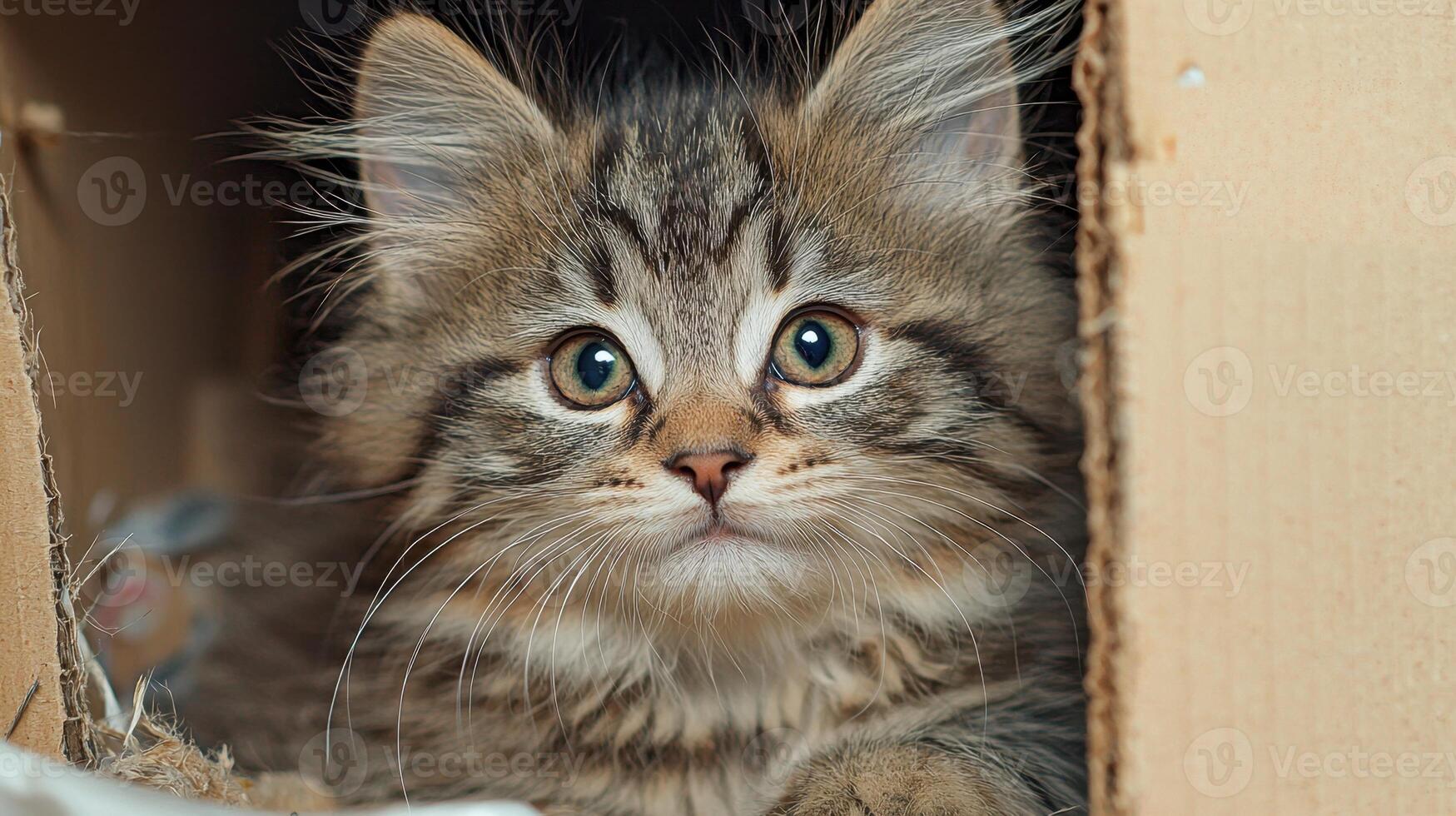 A kitten is looking out from inside a cardboard box photo