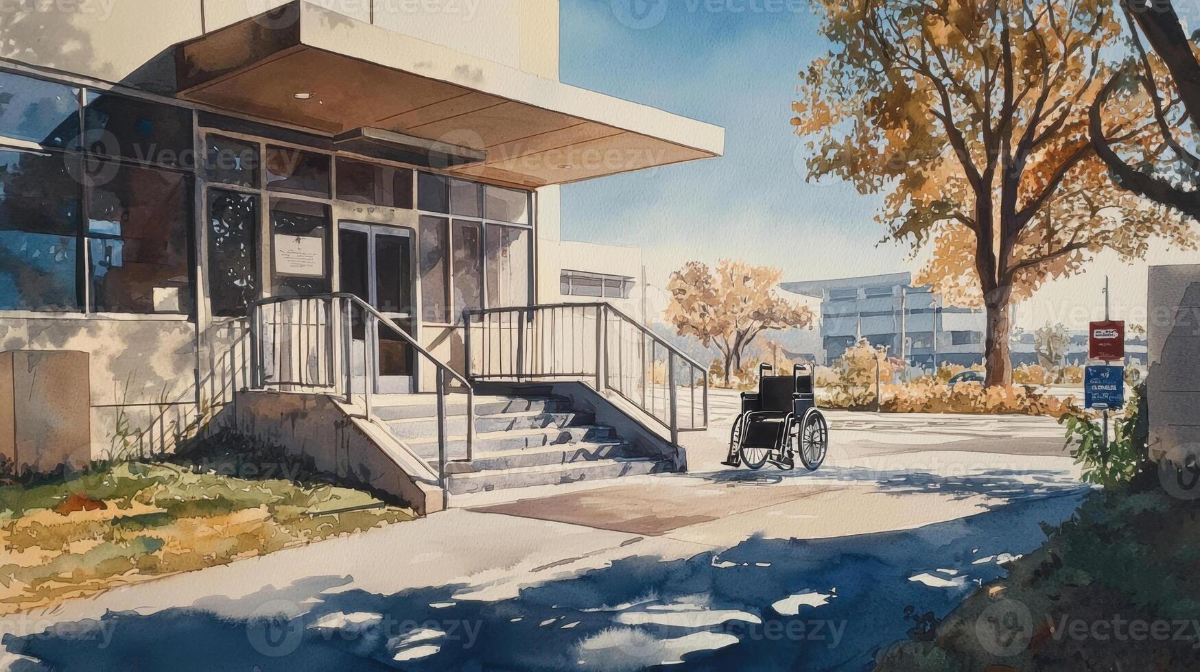A painting of a building with a wheelchair in front of it photo