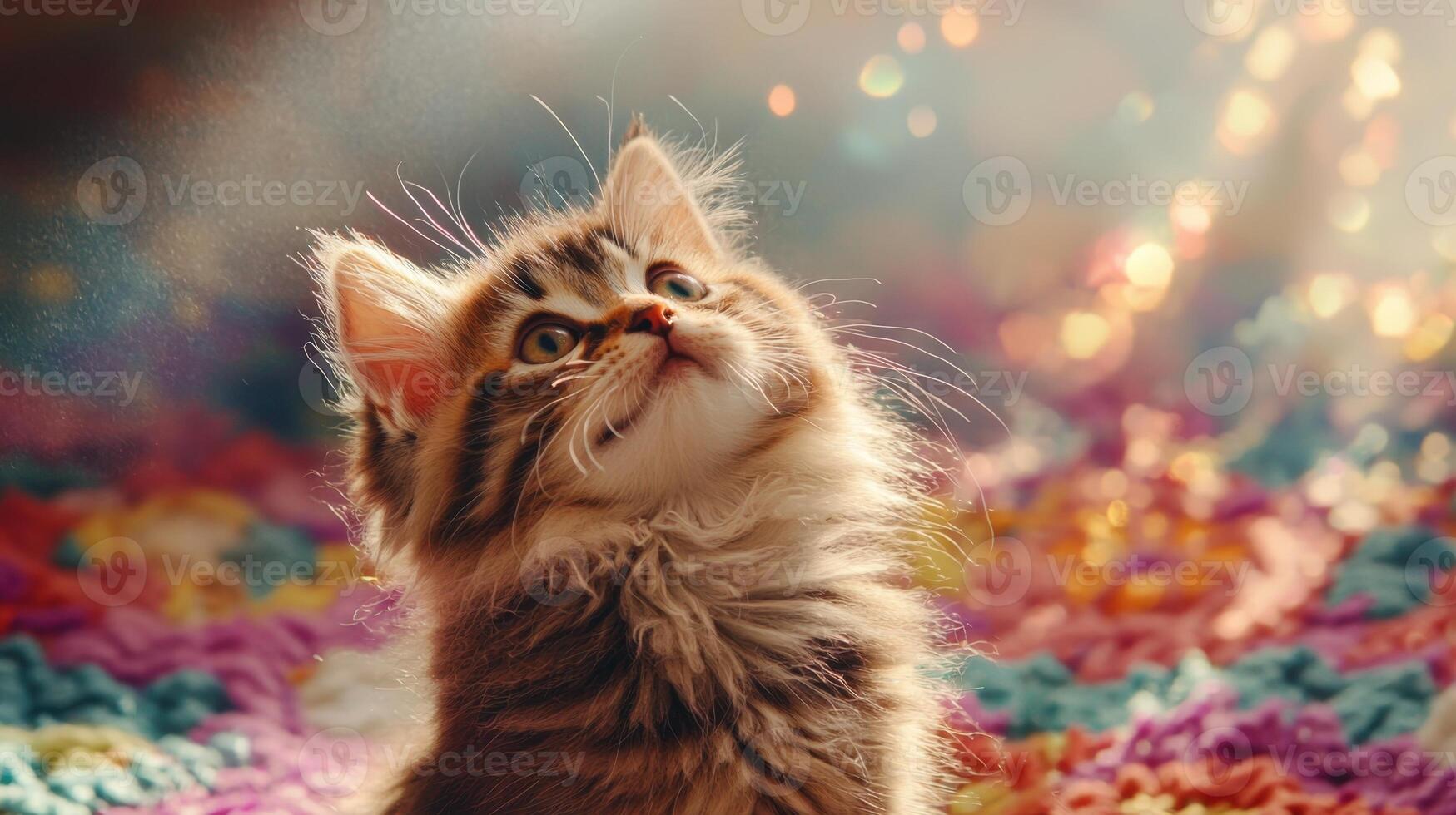 A kitten looking up at the camera with bright lights photo