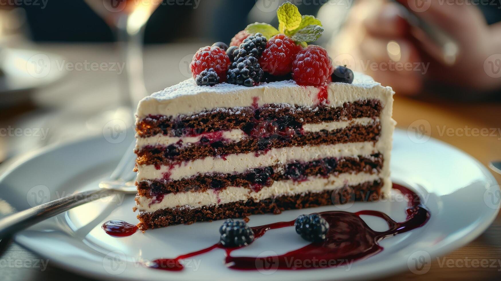 A slice of cake with berries and whipped cream on top photo