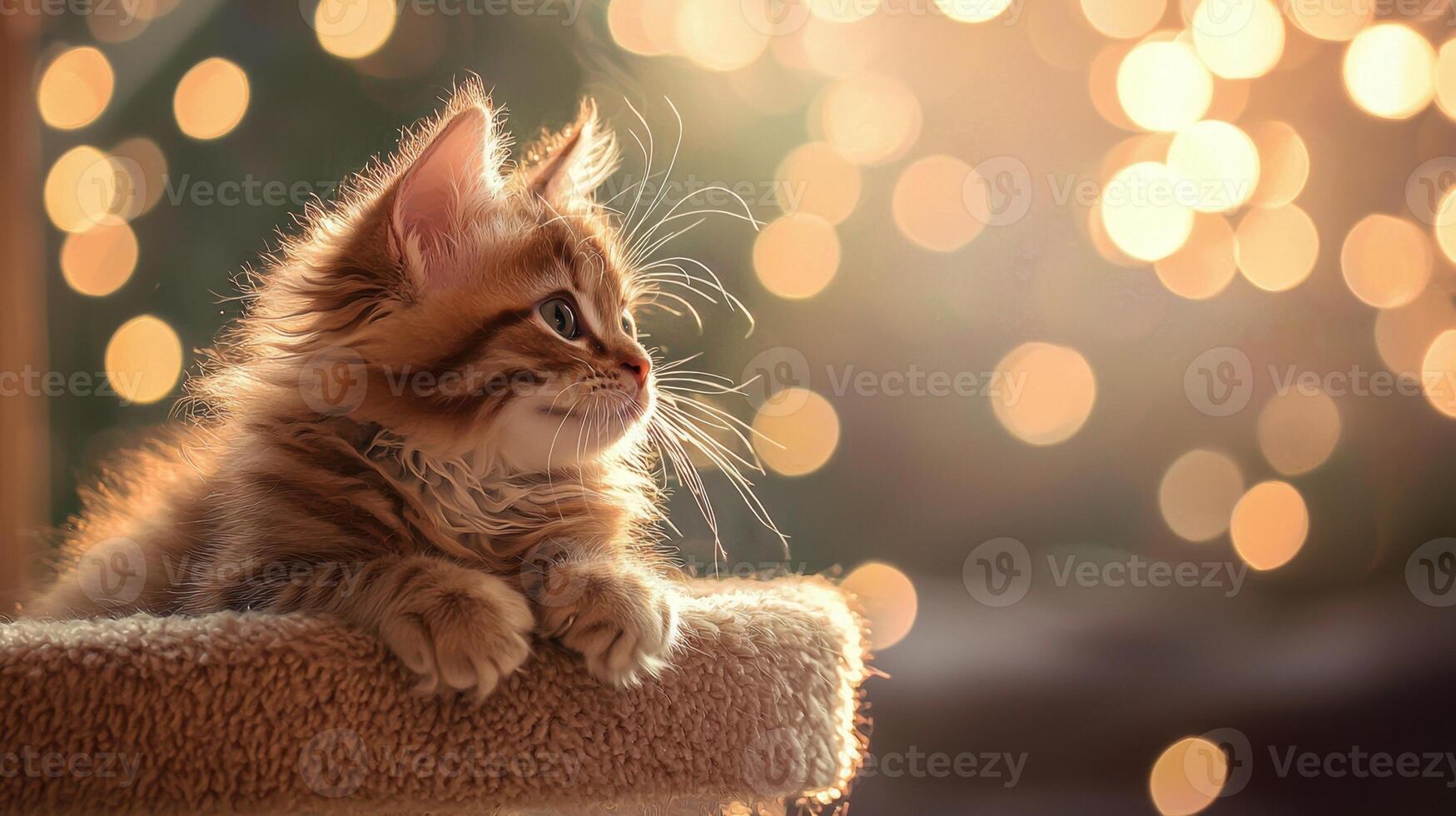 A kitten sitting on a cat tree with lights behind it photo