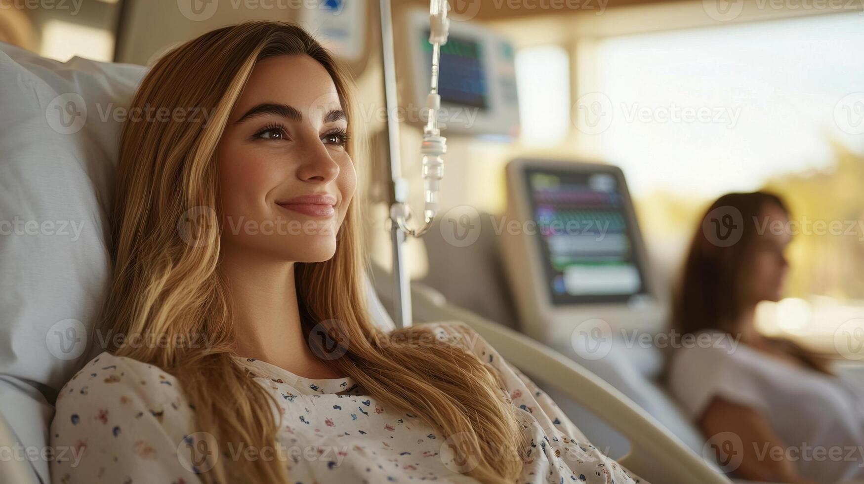 A woman in a hospital bed with a woman in the background photo