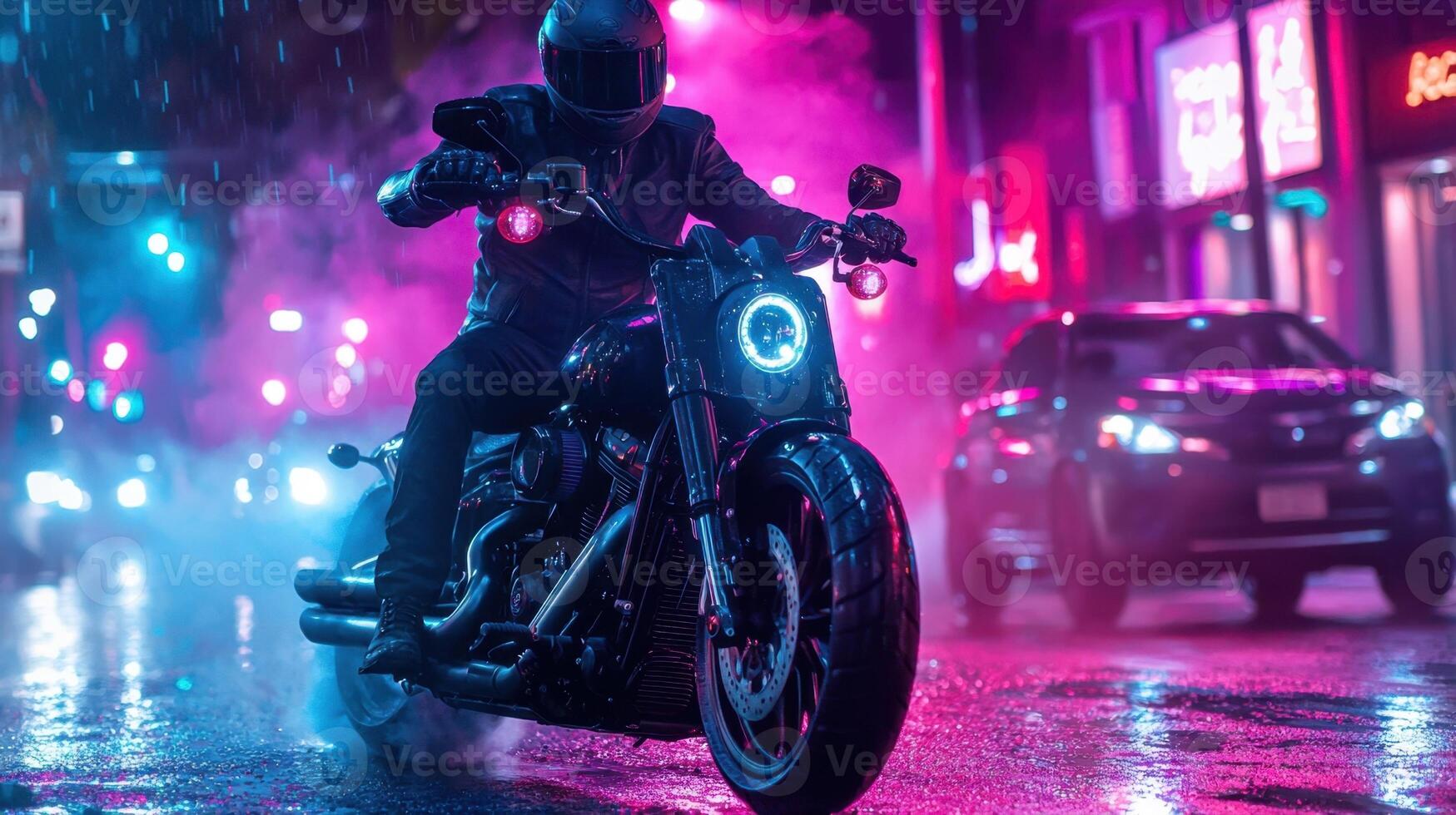 A person riding a motorcycle in the rain at night photo