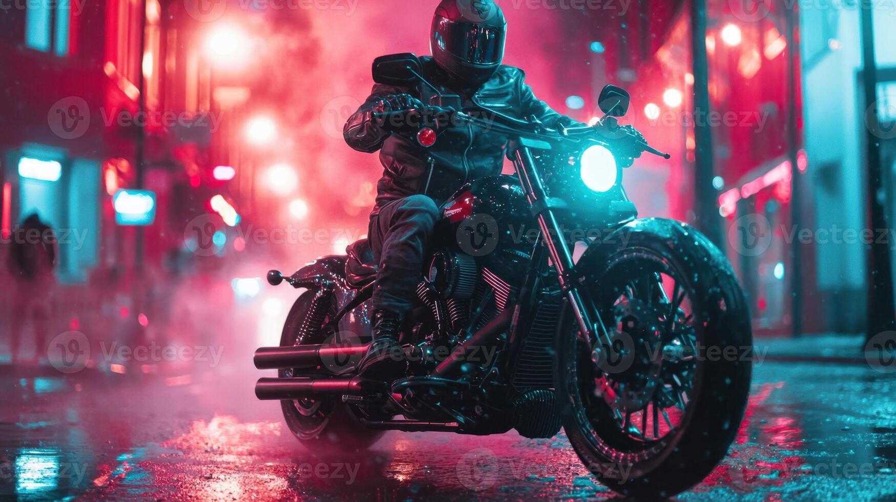A man riding a motorcycle in the rain at night photo