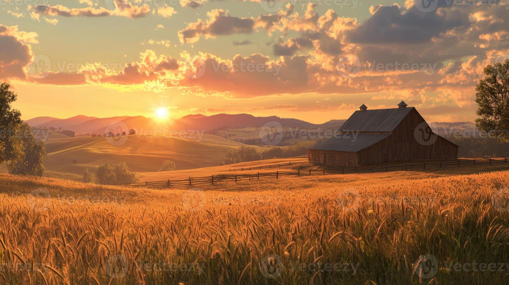 A barn sits in a field at sunset photo