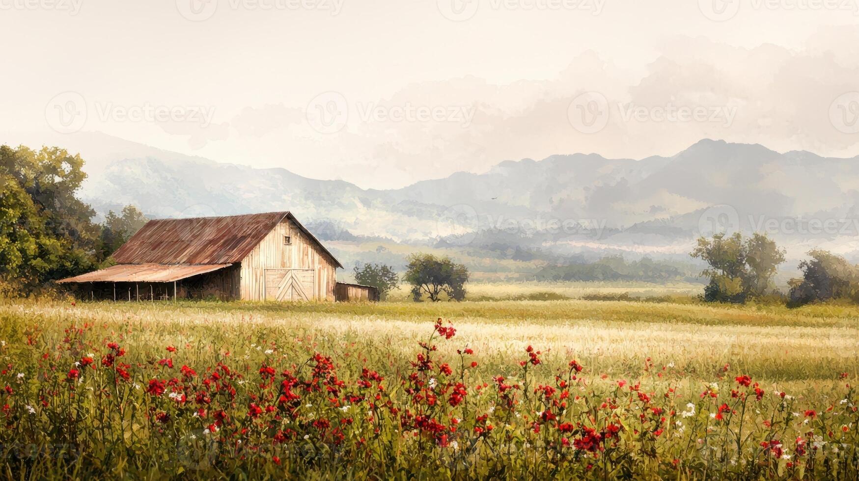 An oil painting of a barn and field with red poppies photo