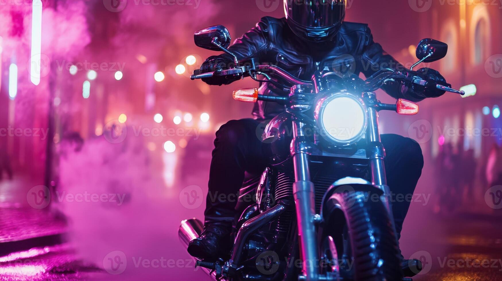 A person riding a motorcycle in the dark with smoke photo
