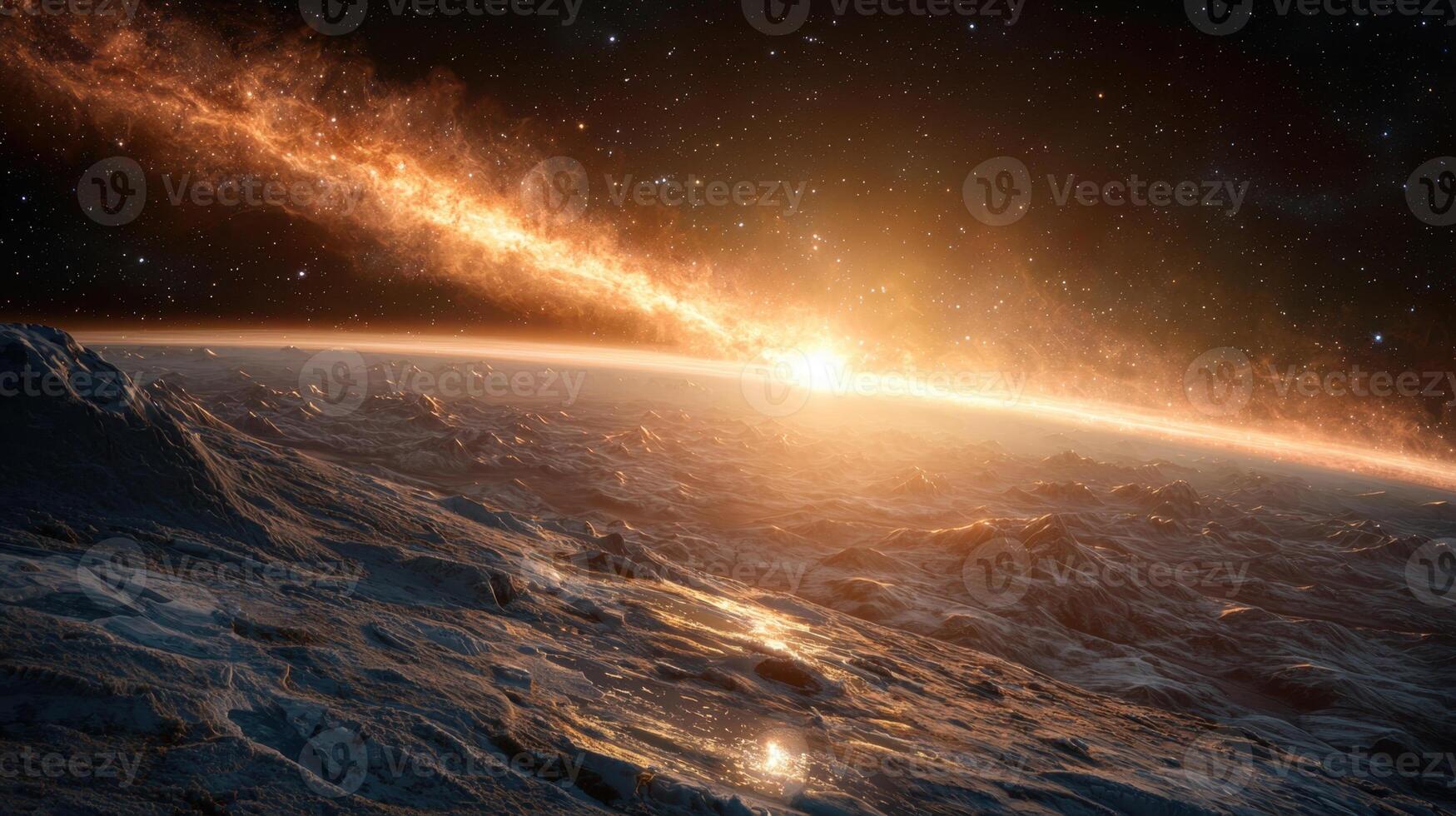 An artist's rendering of the sun rising over the earth photo