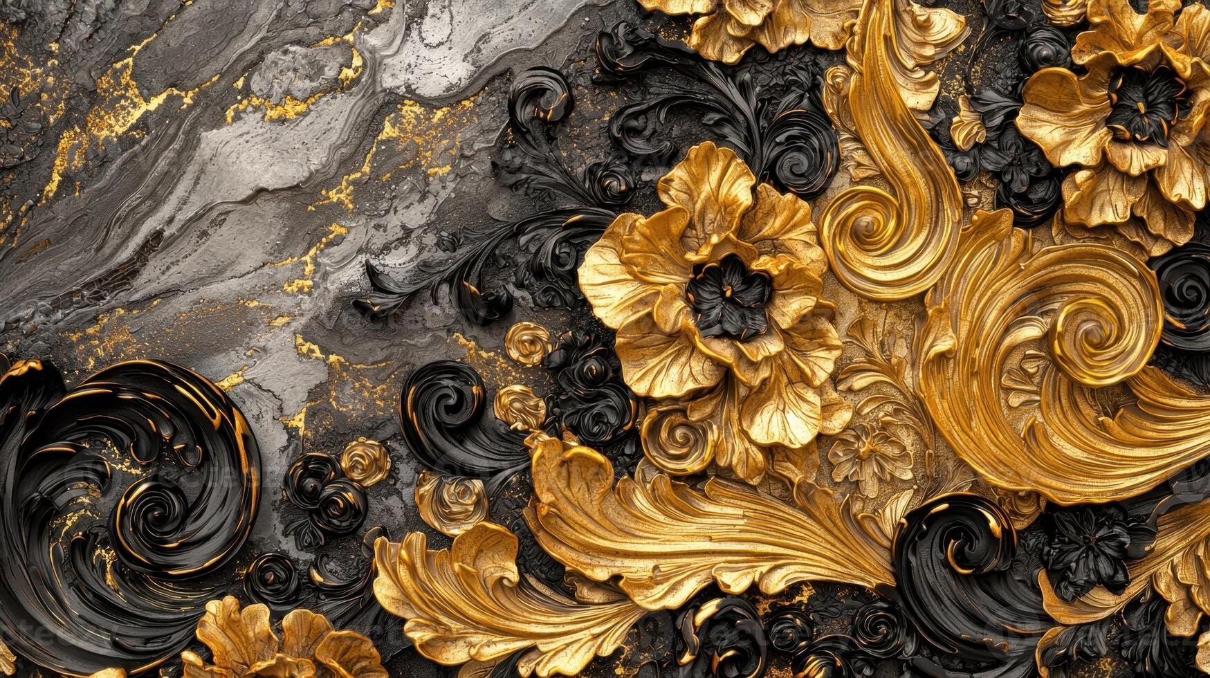 Golden floral wallpaper with black and gold design photo