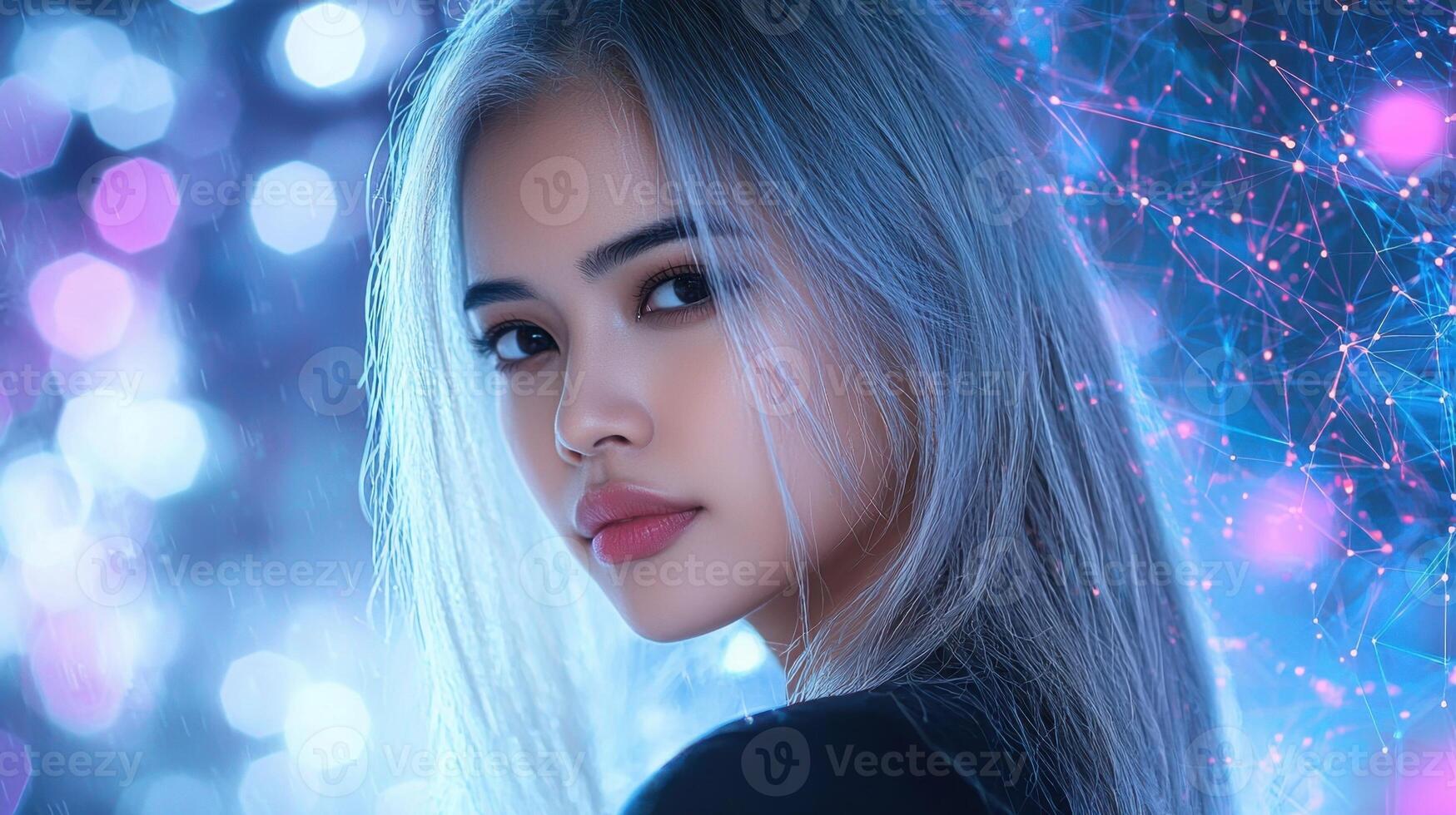 A beautiful woman with long hair and blue eyes photo